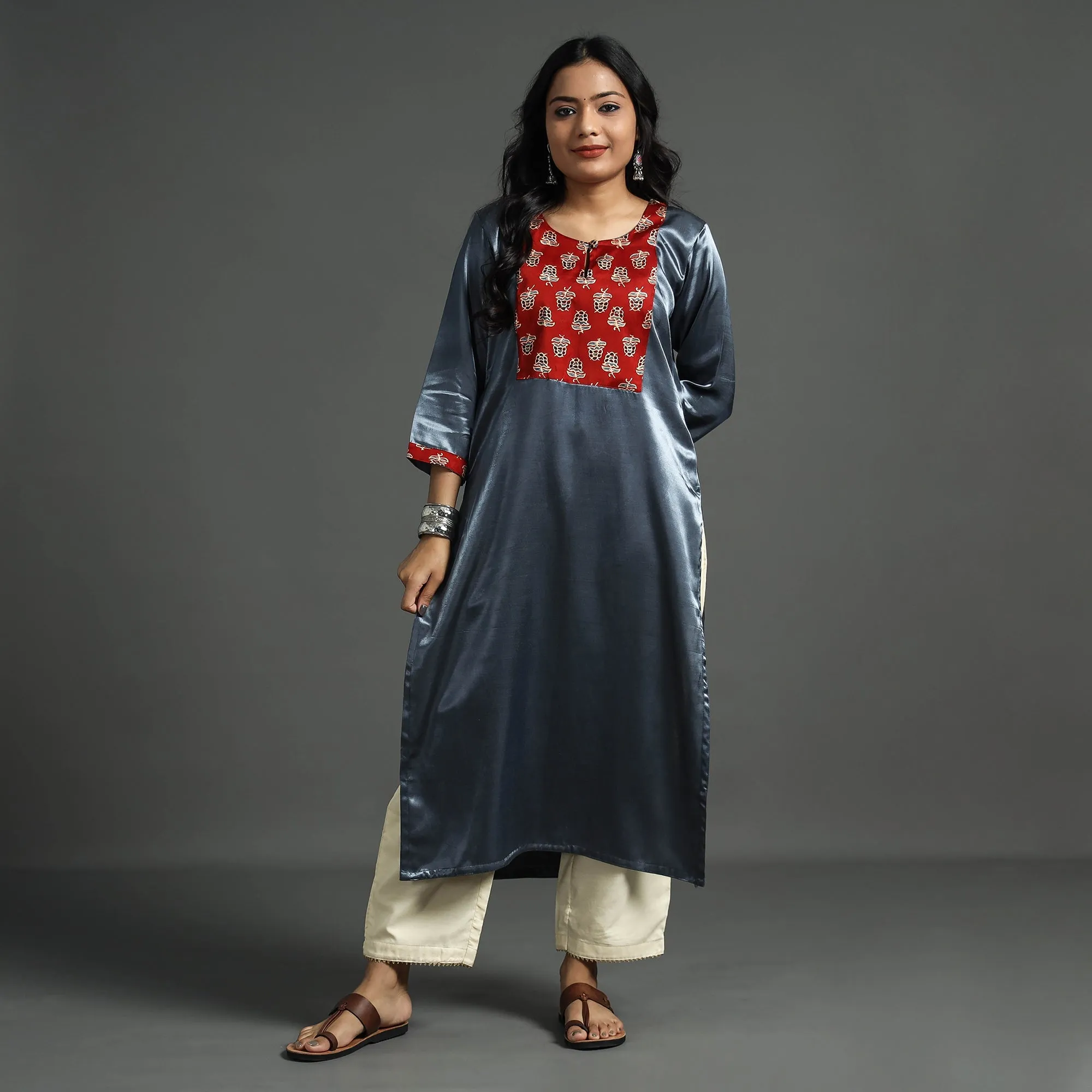 Dark Grey - Plain Mashru Silk with Ajrakh Patchwork Straight Kurta sold by Itokri product image thumbnail 2