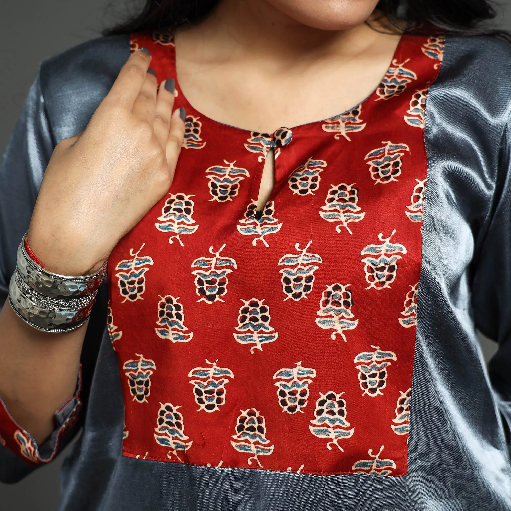 Dark Grey - Plain Mashru Silk with Ajrakh Patchwork Straight Kurta sold by Itokri product image thumbnail 5