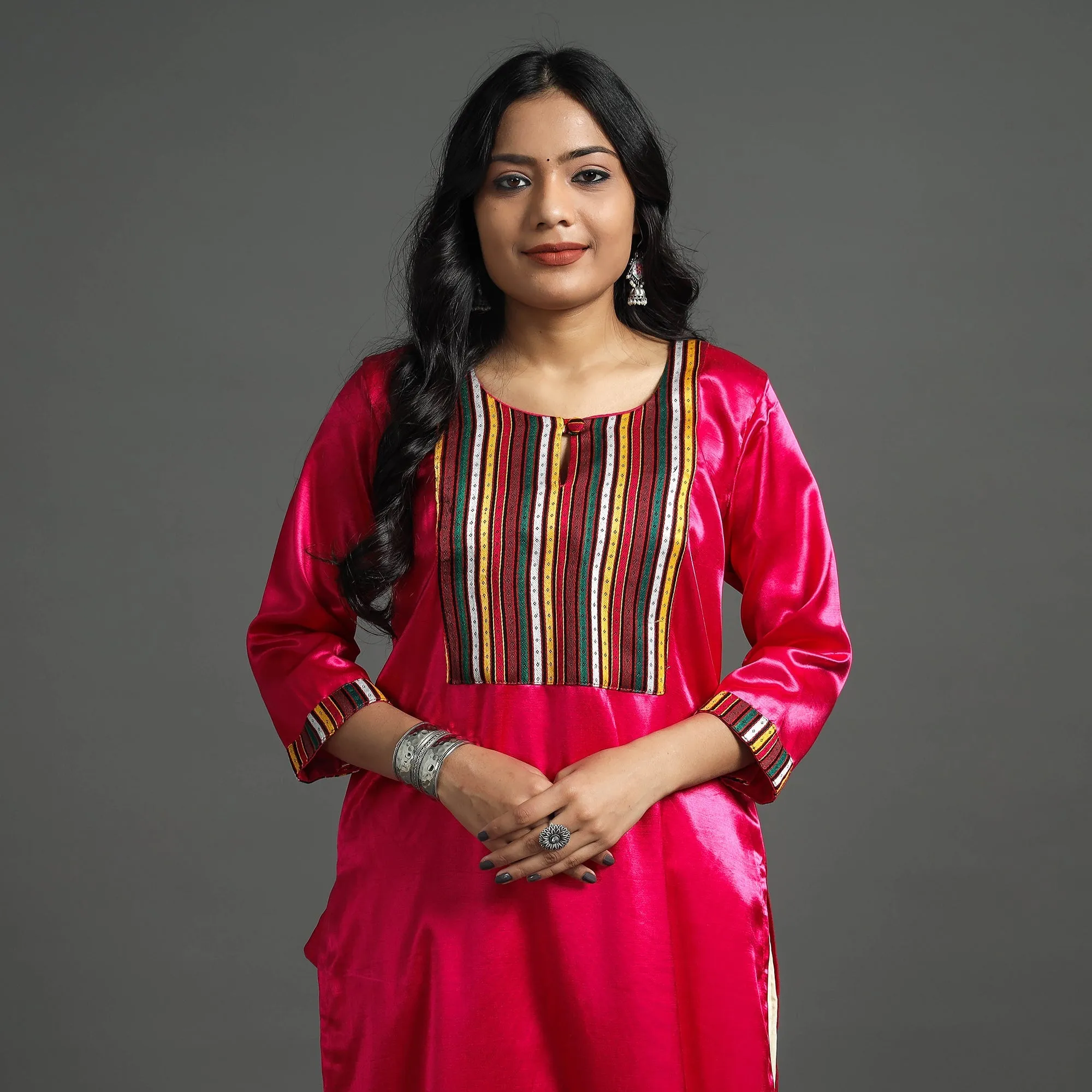 Dark Pink - Plain Mashru Silk with Patchwork Straight Kurta sold by Itokri product image thumbnail 3