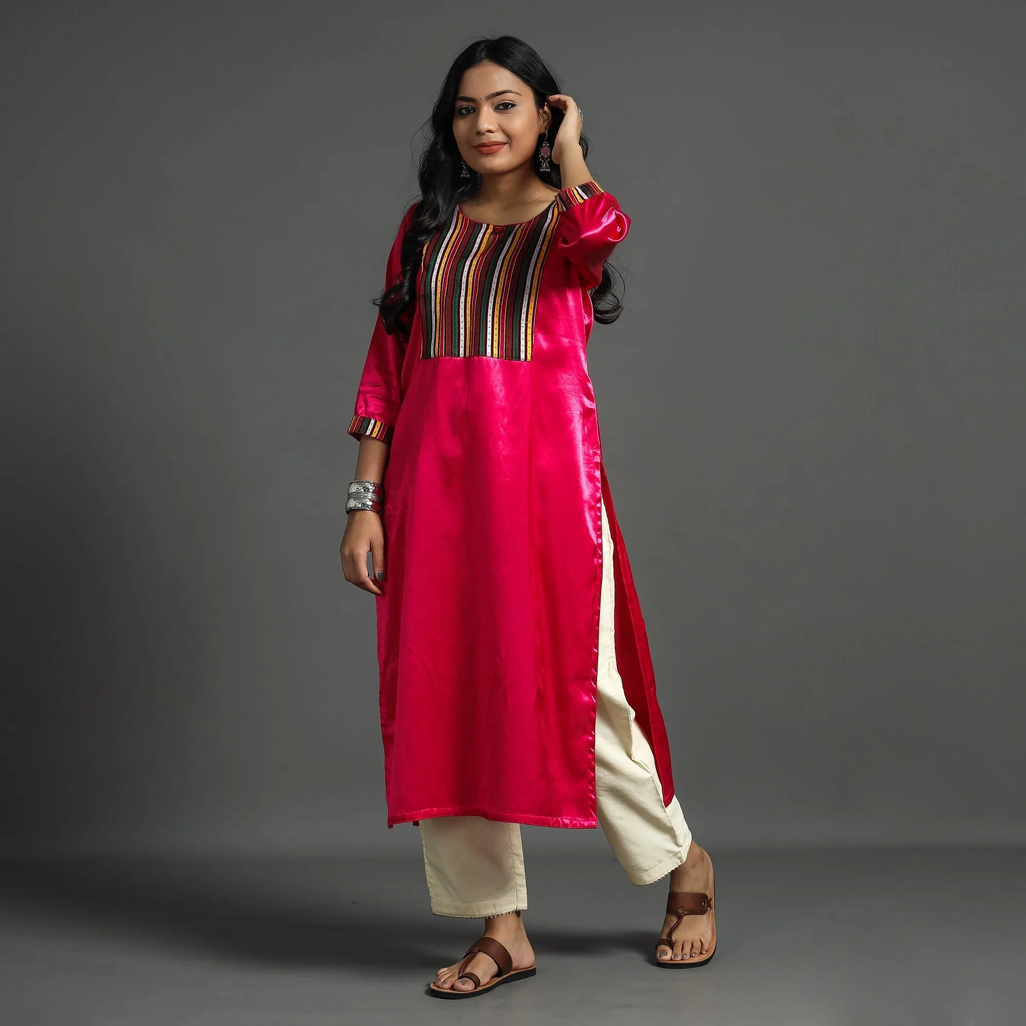 Dark Pink - Plain Mashru Silk with Patchwork Straight Kurta sold by Itokri product image thumbnail 2