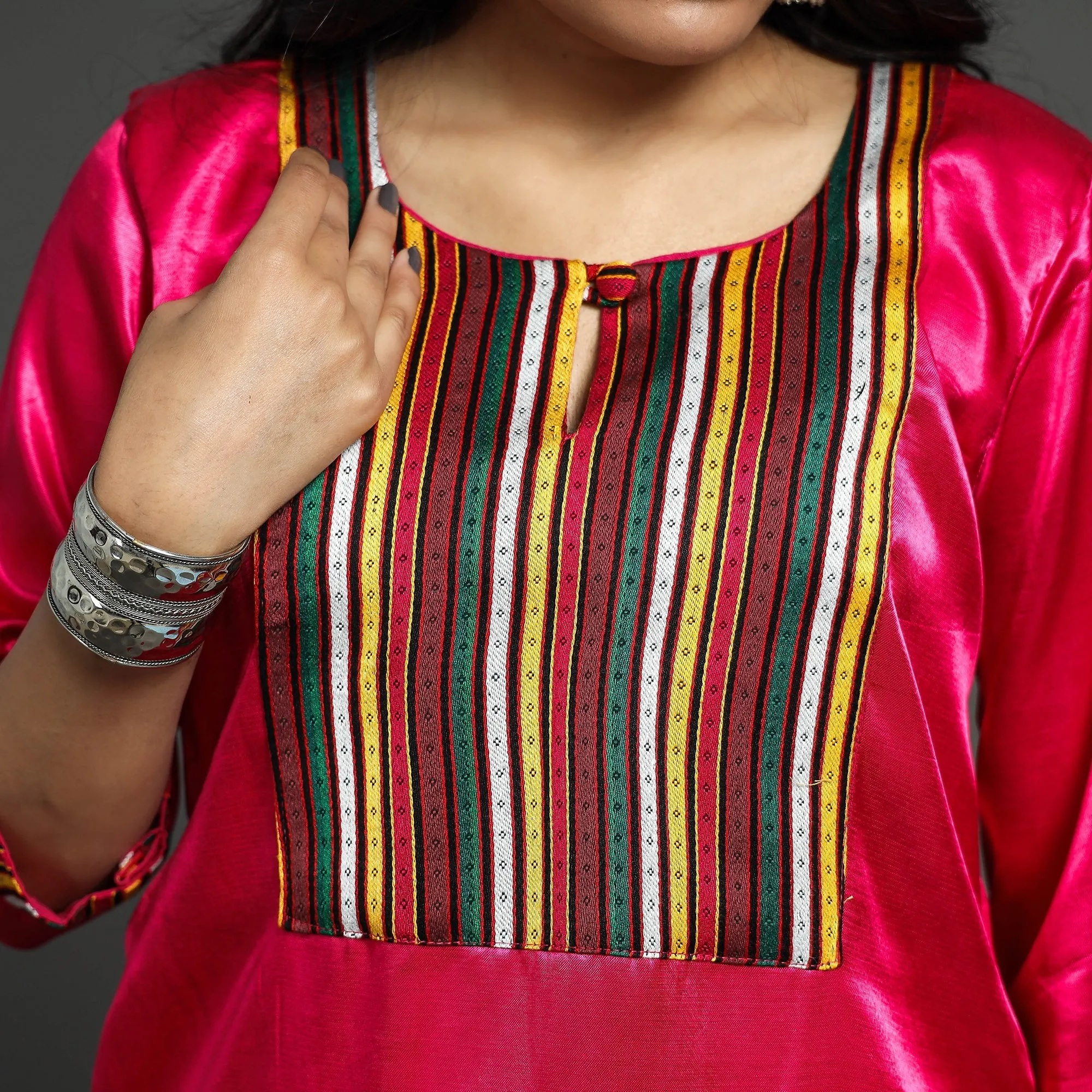 Dark Pink - Plain Mashru Silk with Patchwork Straight Kurta sold by Itokri product image thumbnail 4