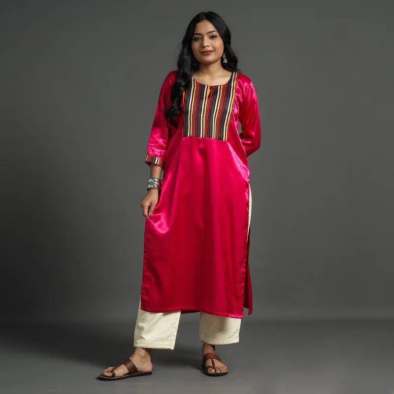 Dark Pink - Plain Mashru Silk with Patchwork Straight Kurta made by Itokri