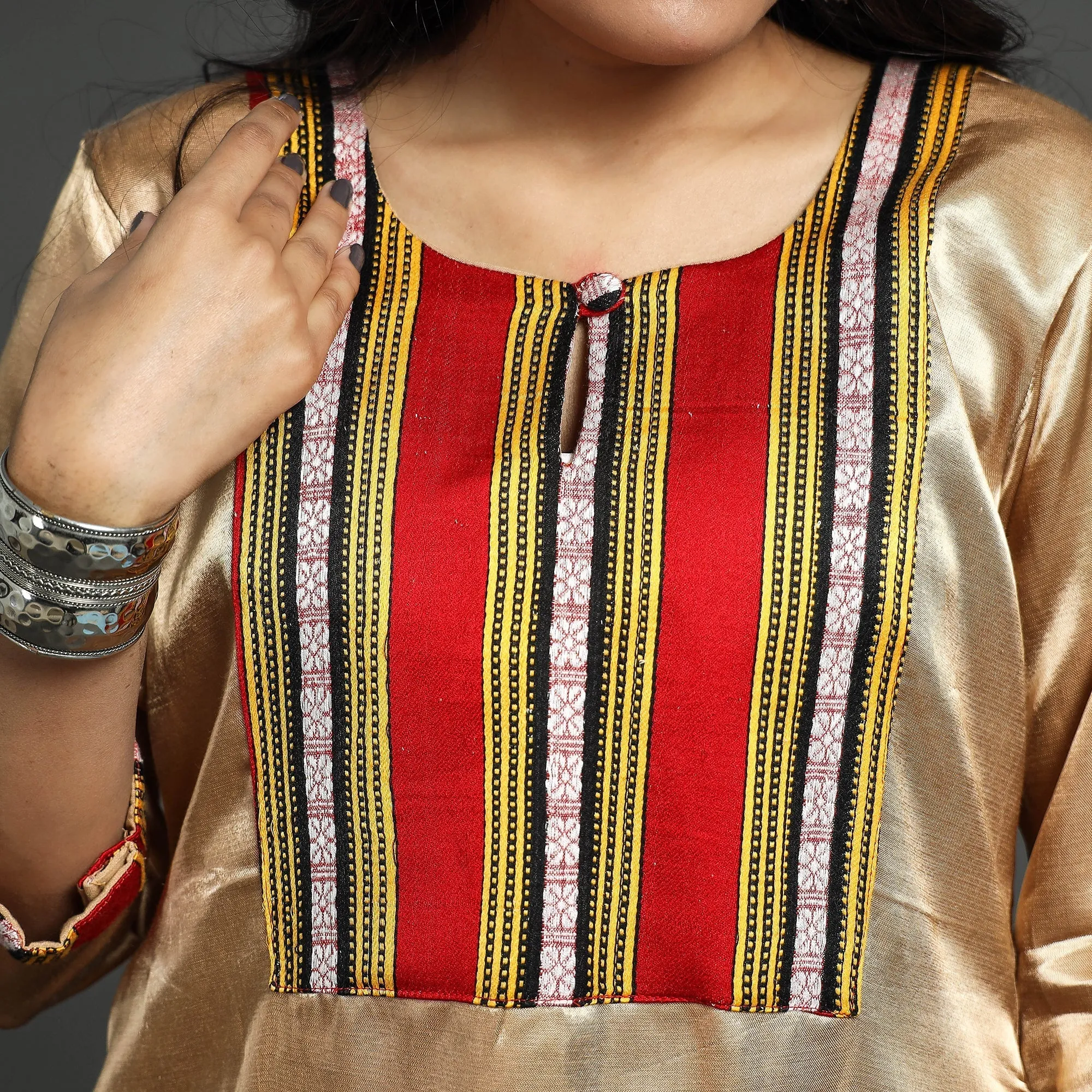 Brown - Beige - Plain Mashru Silk with Patchwork Straight Kurta sold by Itokri product image thumbnail 4