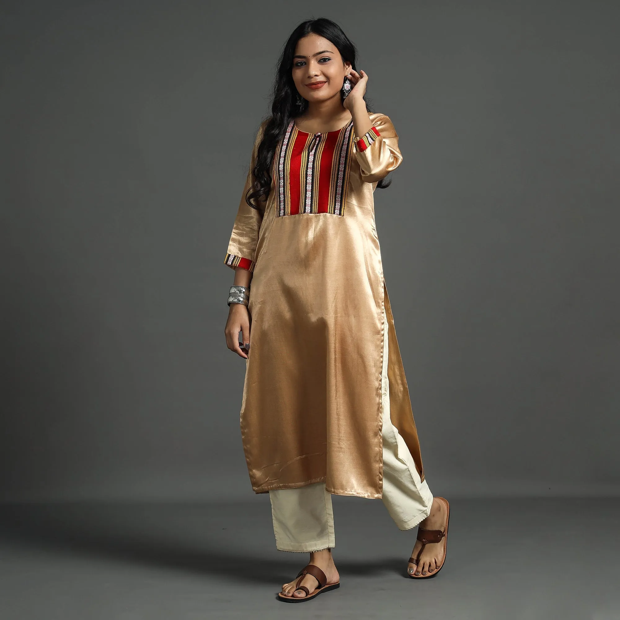 Brown - Beige - Plain Mashru Silk with Patchwork Straight Kurta sold by Itokri product image thumbnail 2