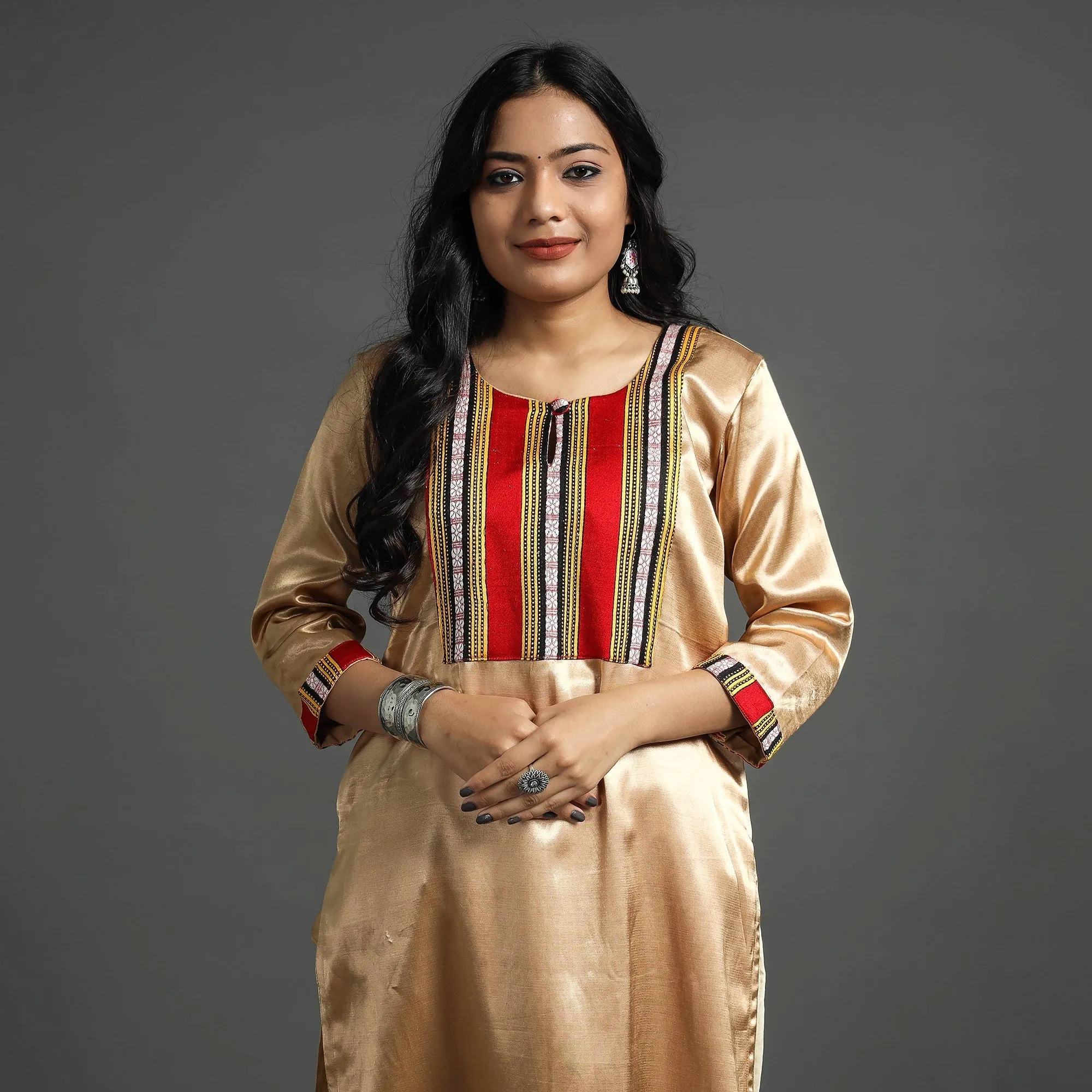Brown - Beige - Plain Mashru Silk with Patchwork Straight Kurta sold by Itokri product image thumbnail 3