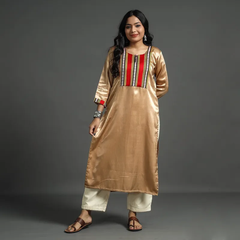 Brown - Beige - Plain Mashru Silk with Patchwork Straight Kurta sold by Itokri