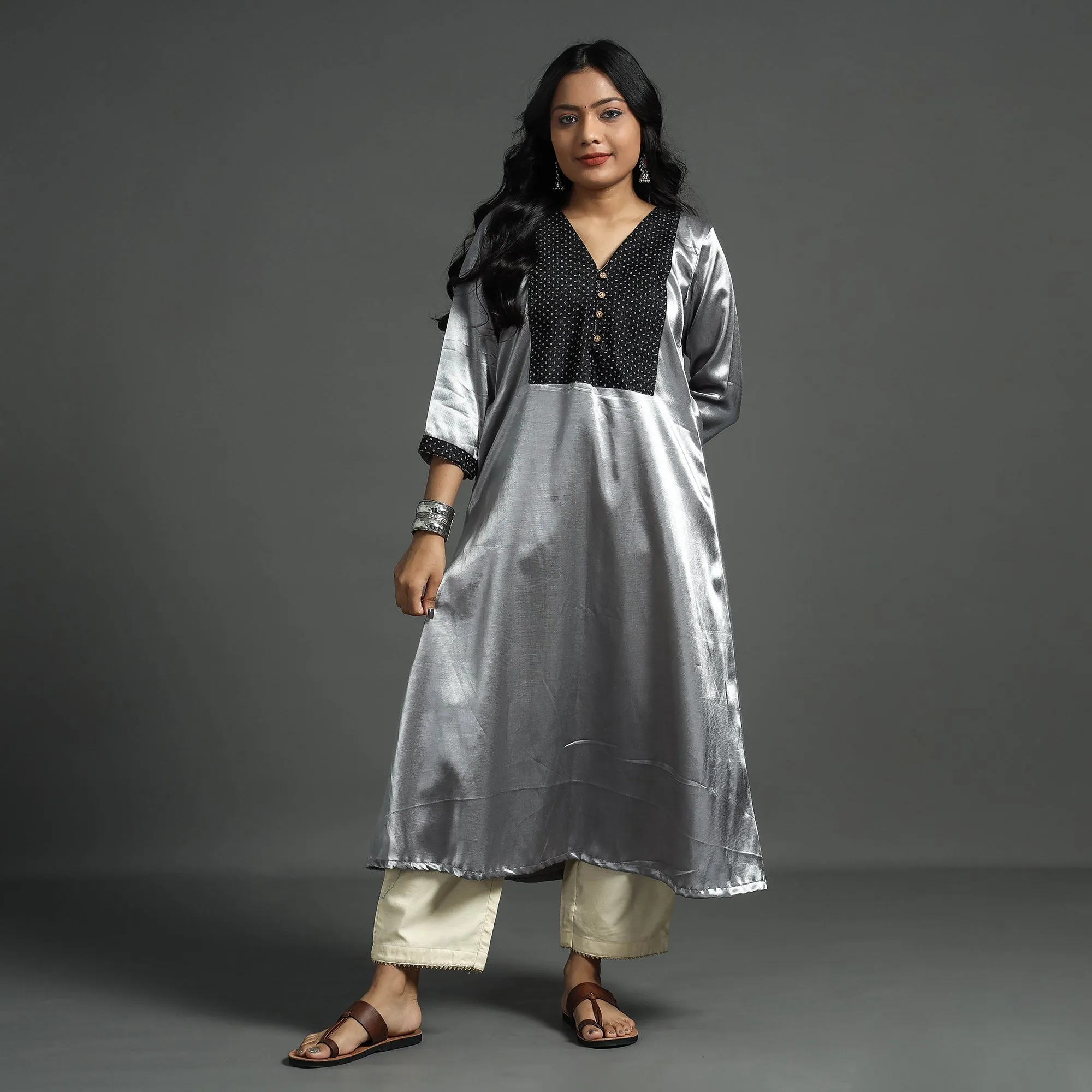 Grey - Plain Mashru Silk with Patchwork Floral A-Line Kurta sold by Itokri product image thumbnail 2