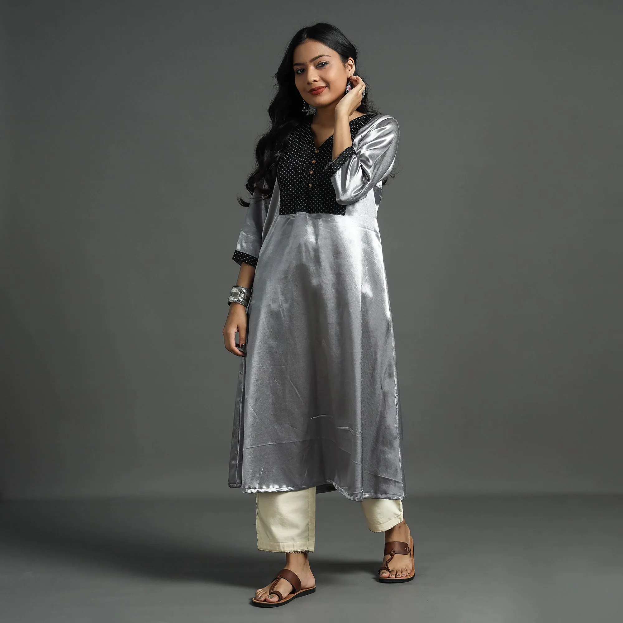 Grey - Plain Mashru Silk with Patchwork Floral A-Line Kurta sold by Itokri product image thumbnail 3