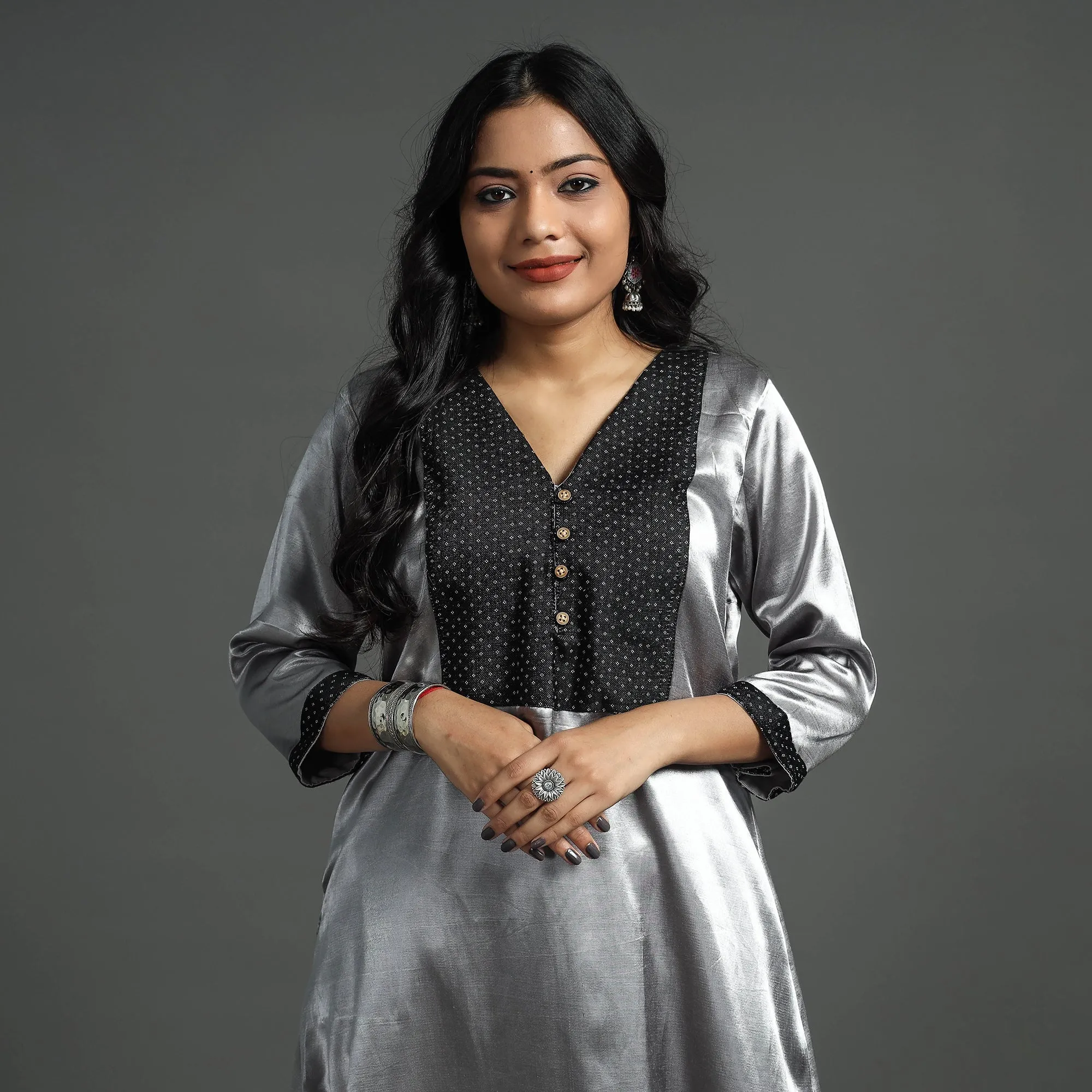 Grey - Plain Mashru Silk with Patchwork Floral A-Line Kurta sold by Itokri