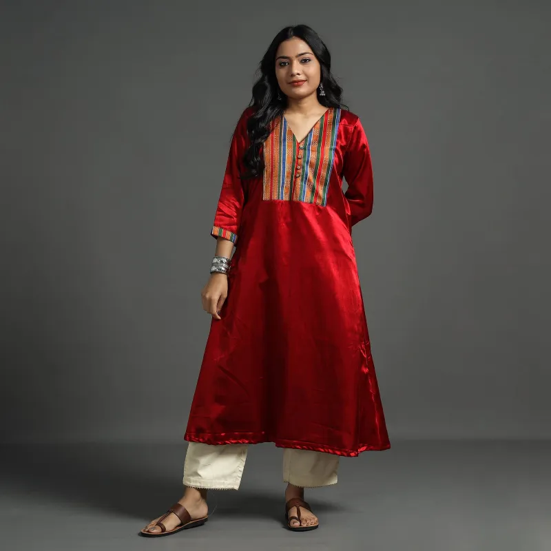 Dark Red - Plain Mashru Silk with Patchwork Floral A-Line Kurta made by Itokri