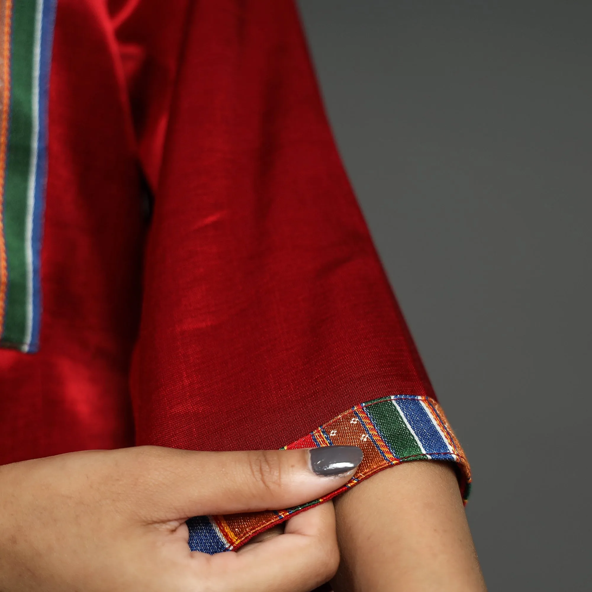 Dark Red - Plain Mashru Silk with Patchwork Floral A-Line Kurta sold by Itokri product image thumbnail 5