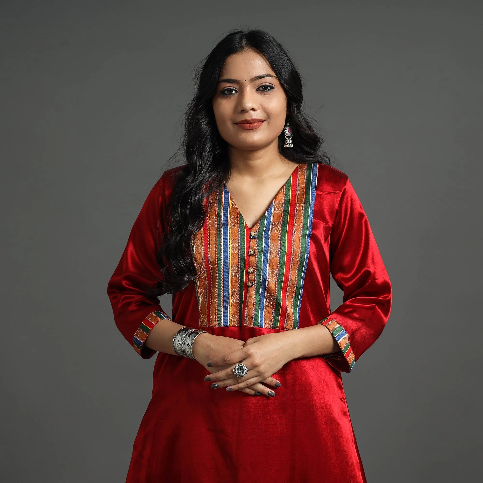 Dark Red - Plain Mashru Silk with Patchwork Floral A-Line Kurta sold by Itokri product image thumbnail 3