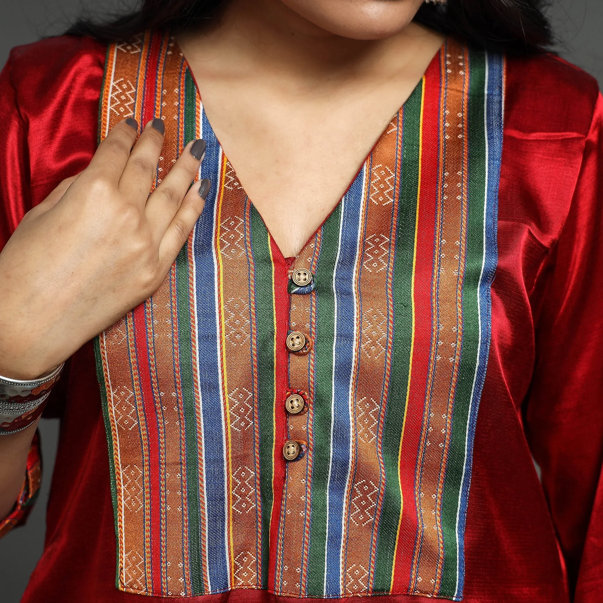 Dark Red - Plain Mashru Silk with Patchwork Floral A-Line Kurta sold by Itokri product image thumbnail 4