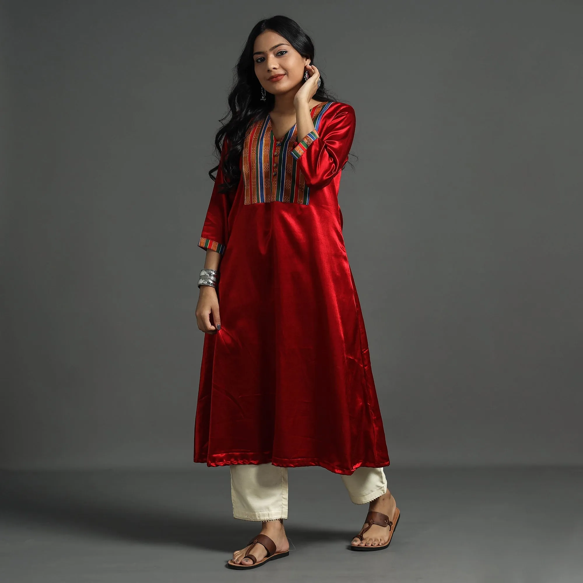Dark Red - Plain Mashru Silk with Patchwork Floral A-Line Kurta sold by Itokri product image thumbnail 2