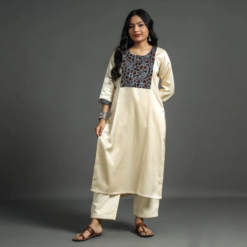 White - Cream - Plain Mashru Silk with Ajrakh Patchwork Straight Kurta made by Itokri