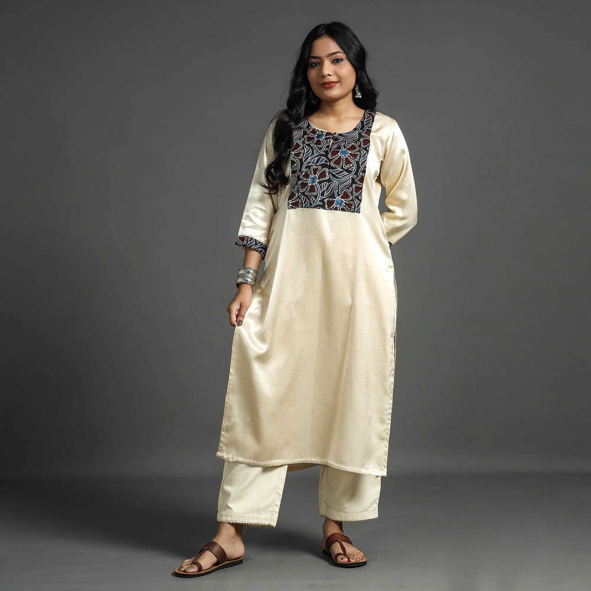 White - Cream - Plain Mashru Silk with Ajrakh Patchwork Straight Kurta sold by Itokri