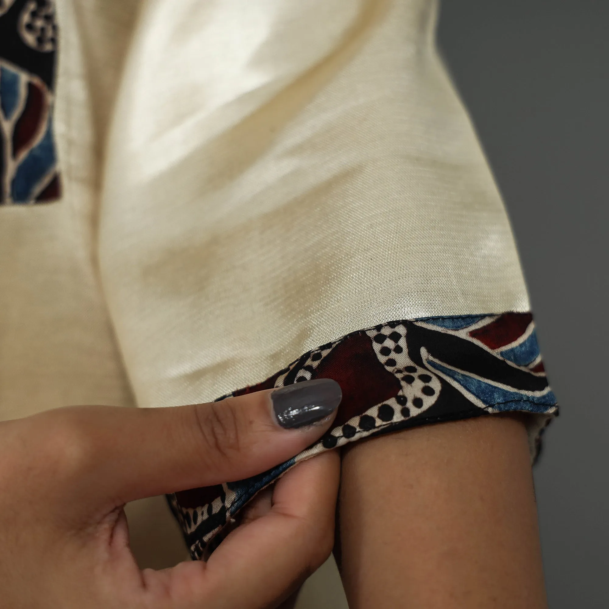 White - Cream - Plain Mashru Silk with Ajrakh Patchwork Straight Kurta sold by Itokri product image thumbnail 5