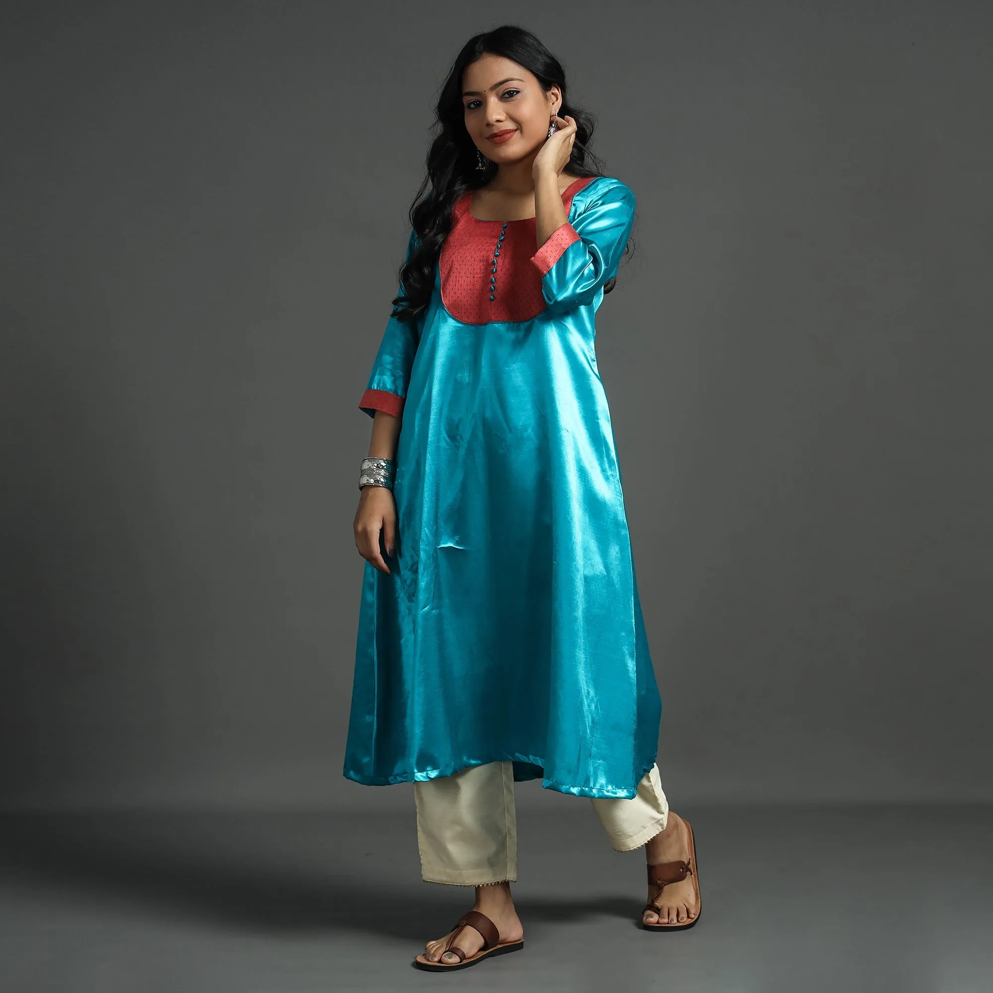 Sky Blue - Plain Mashru Silk with Patchwork Floral A-Line Kurta sold by Itokri product image thumbnail 3