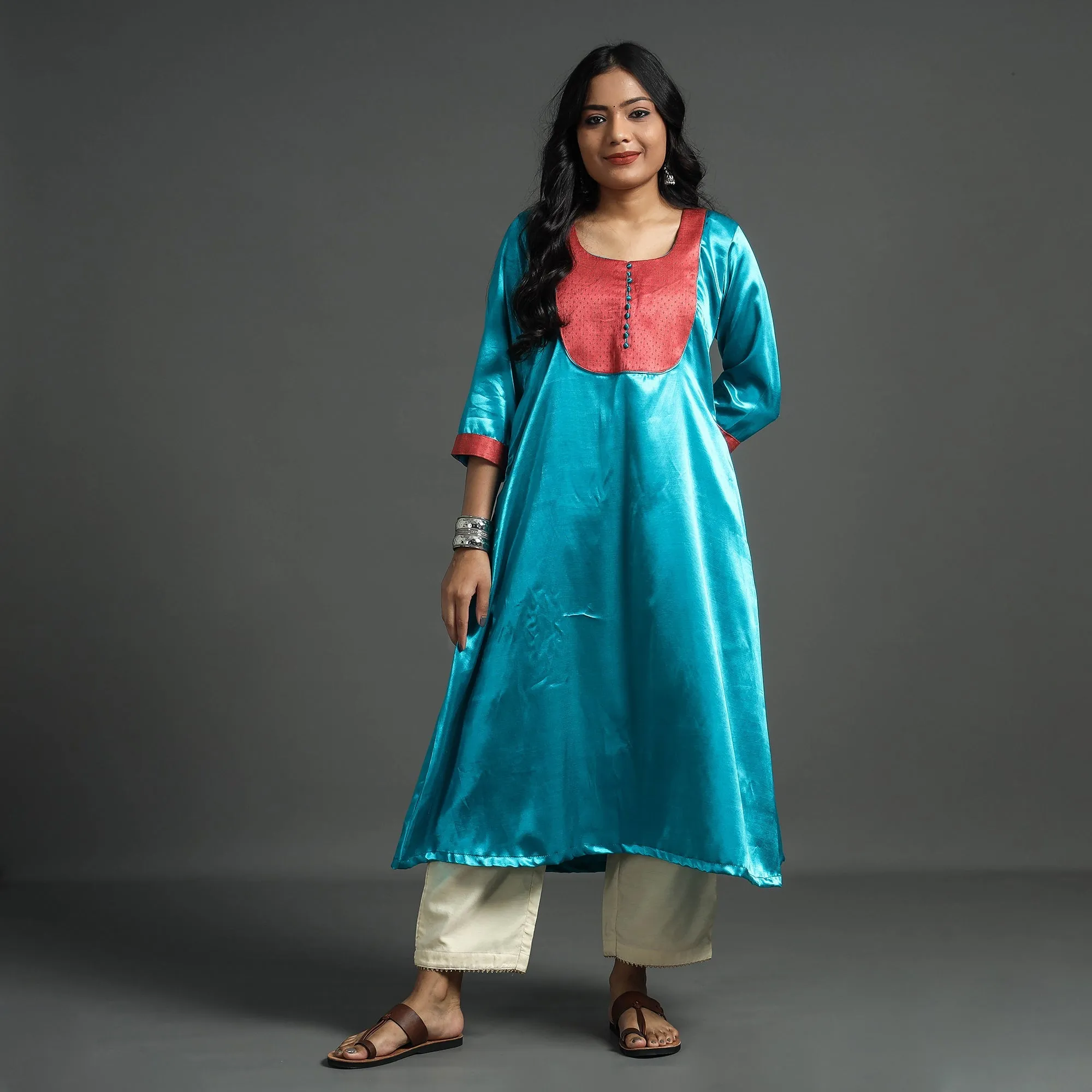 Sky Blue - Plain Mashru Silk with Patchwork Floral A-Line Kurta sold by Itokri product image thumbnail 2