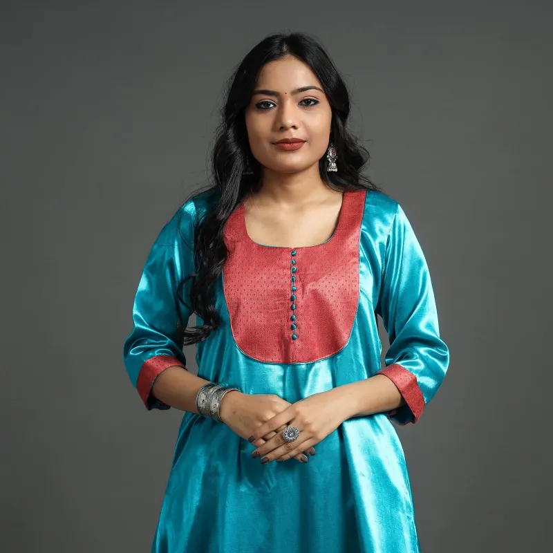 Sky Blue - Plain Mashru Silk with Patchwork Floral A-Line Kurta sold by Itokri