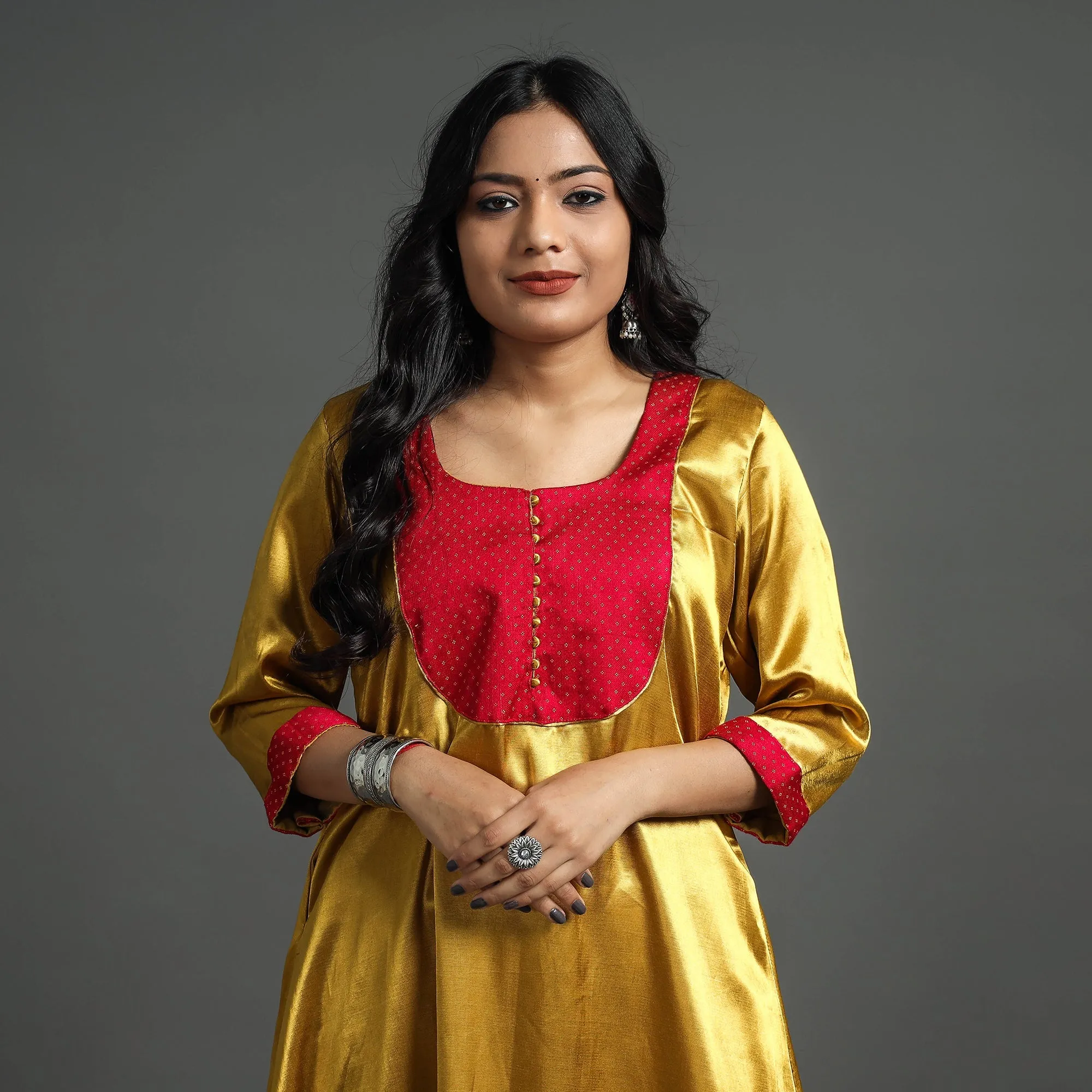 Yellow - Golden - Plain Mashru Silk with Patchwork Floral A-Line Kurta sold by Itokri product image thumbnail 3