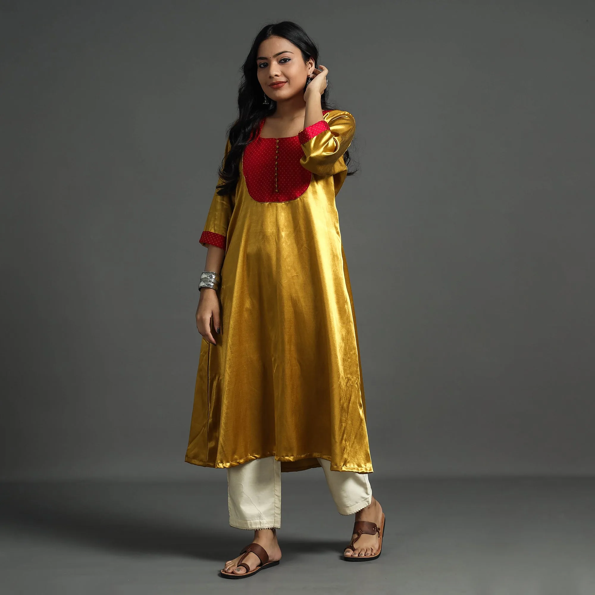 Yellow - Golden - Plain Mashru Silk with Patchwork Floral A-Line Kurta sold by Itokri product image thumbnail 2
