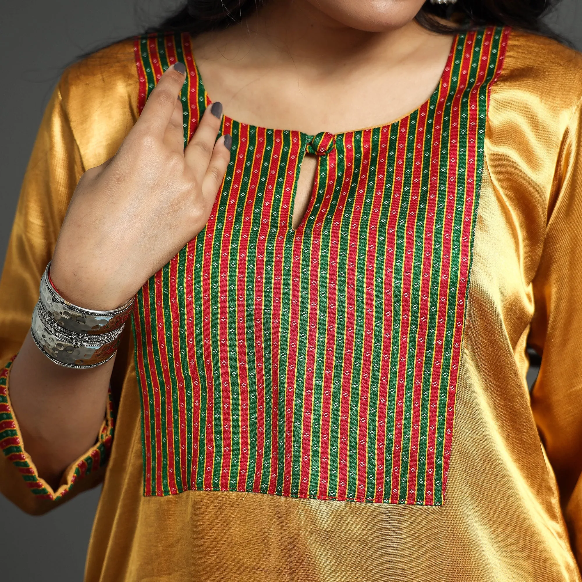 Brown - Golden - Plain Mashru Silk with Patchwork Straight Kurta sold by Itokri product image thumbnail 4