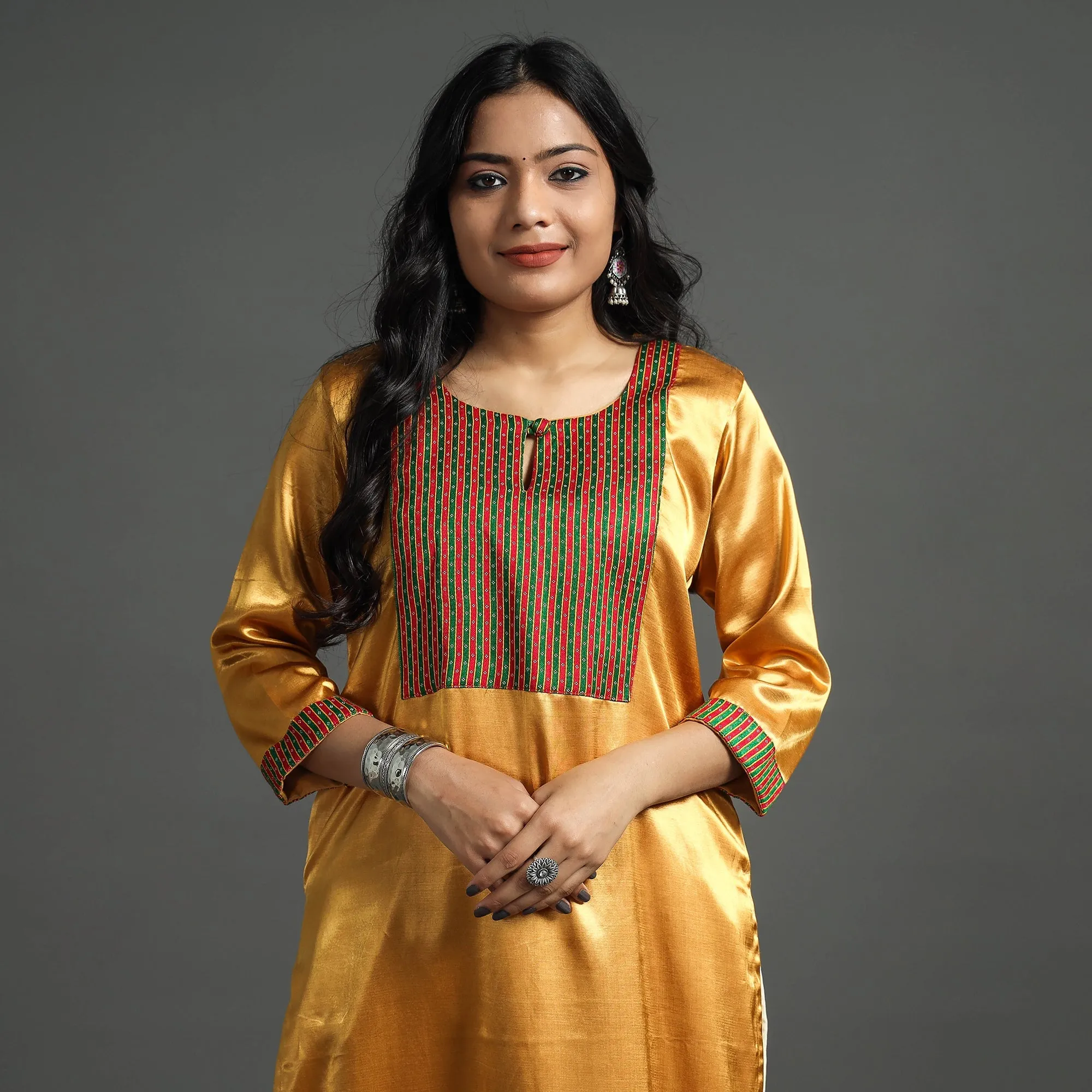 Brown - Golden - Plain Mashru Silk with Patchwork Straight Kurta sold by Itokri product image thumbnail 3