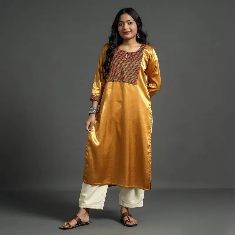 Brown - Golden - Plain Mashru Silk with Patchwork Straight Kurta sold by Itokri