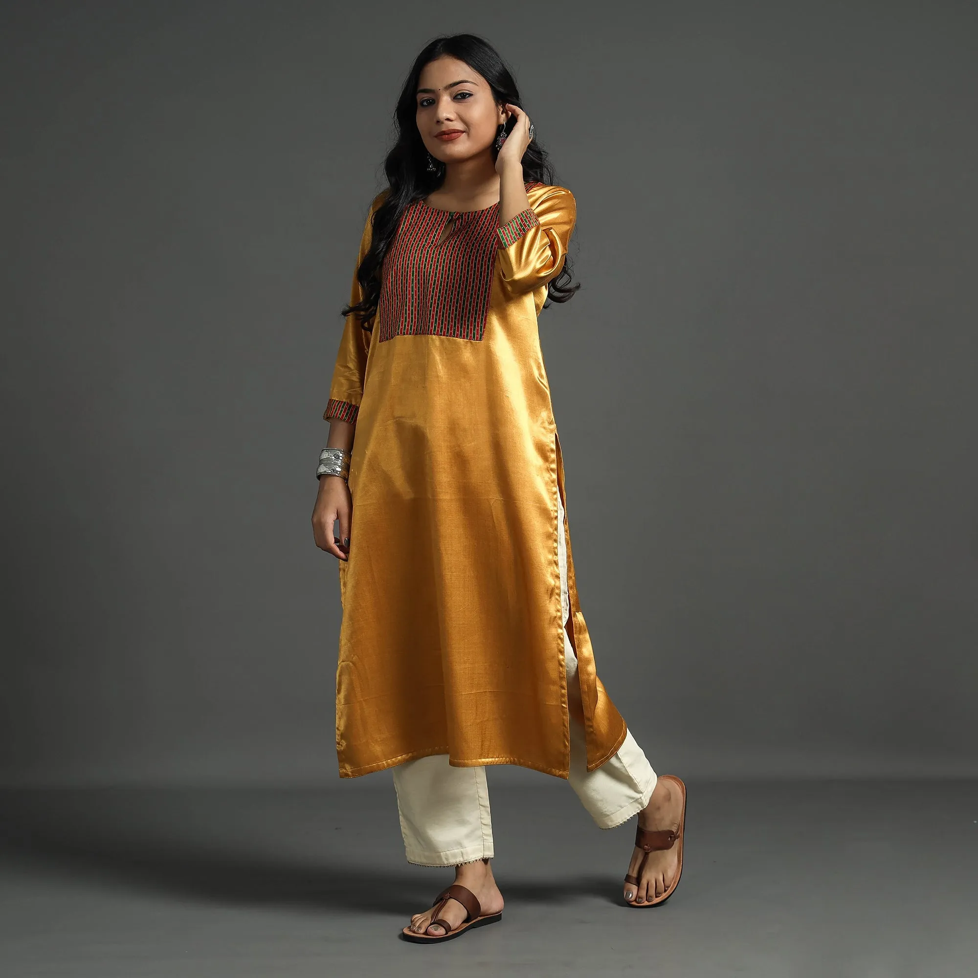 Brown - Golden - Plain Mashru Silk with Patchwork Straight Kurta sold by Itokri product image thumbnail 2