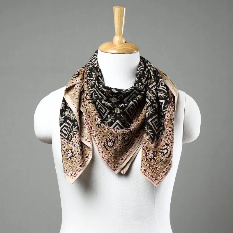 Black - Pedana Kalamkari Block Printed Natural Dyed Cotton Scarf 20 made by Itokri