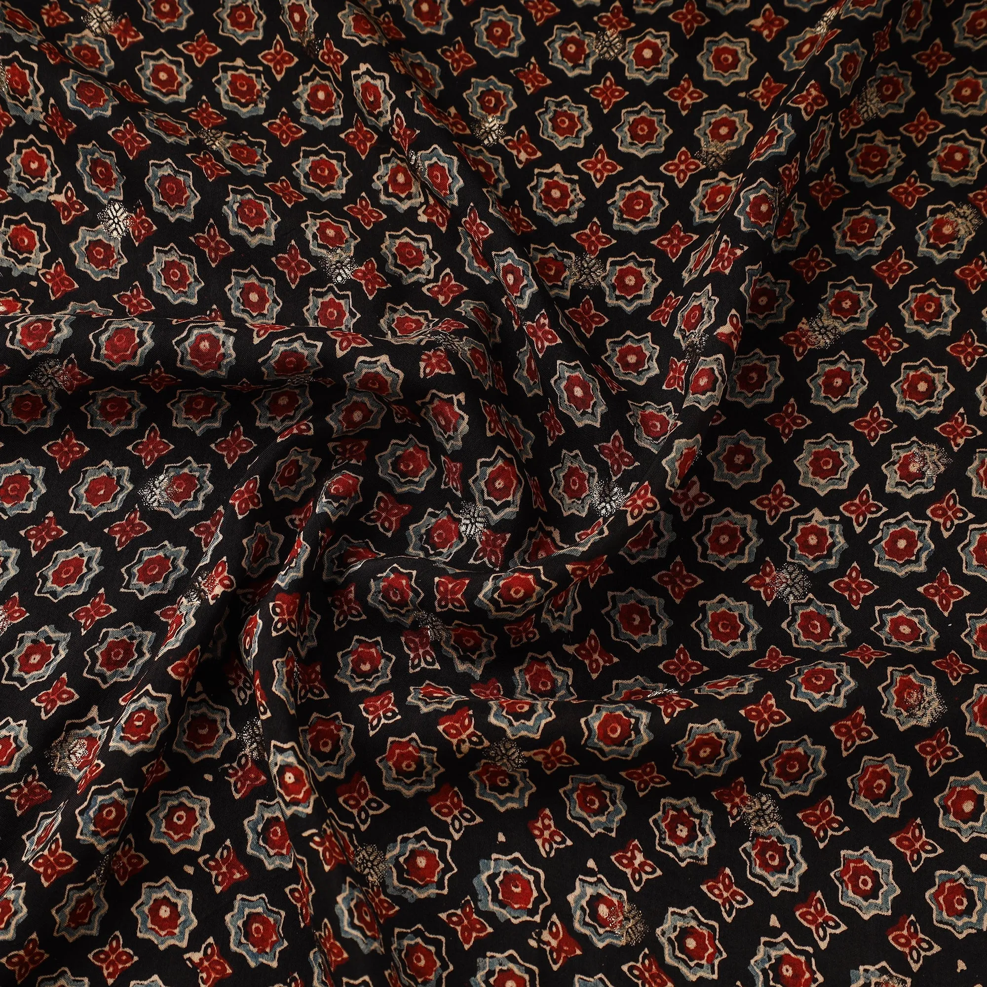 Black - Block Print Natural Dyed Dola Silk Jacquard Buti Ajrakh Fabric 16 sold by Itokri product image thumbnail 3