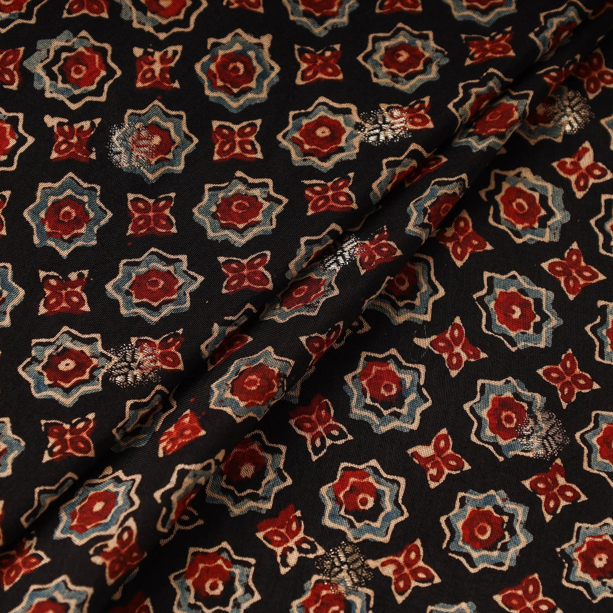 Black - Block Print Natural Dyed Dola Silk Jacquard Buti Ajrakh Fabric 16 sold by Itokri product image thumbnail 2