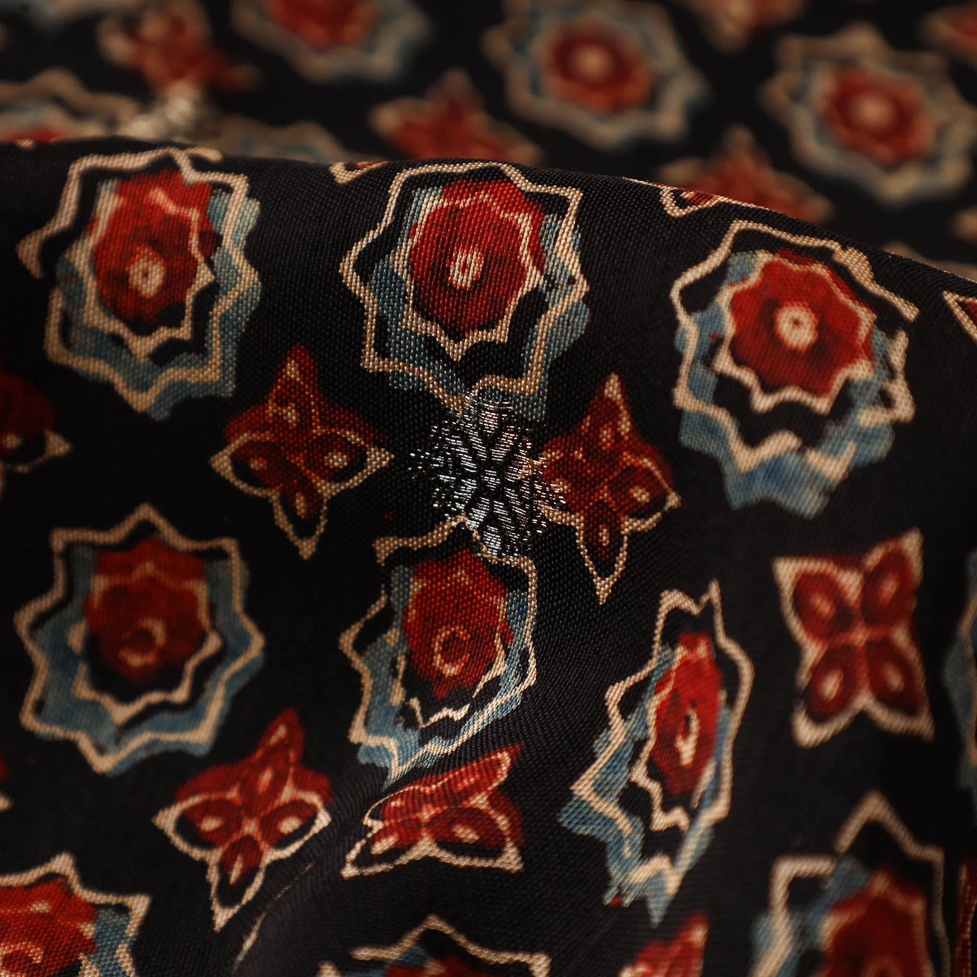 Black - Block Print Natural Dyed Dola Silk Jacquard Buti Ajrakh Fabric 16 sold by Itokri product image thumbnail 4