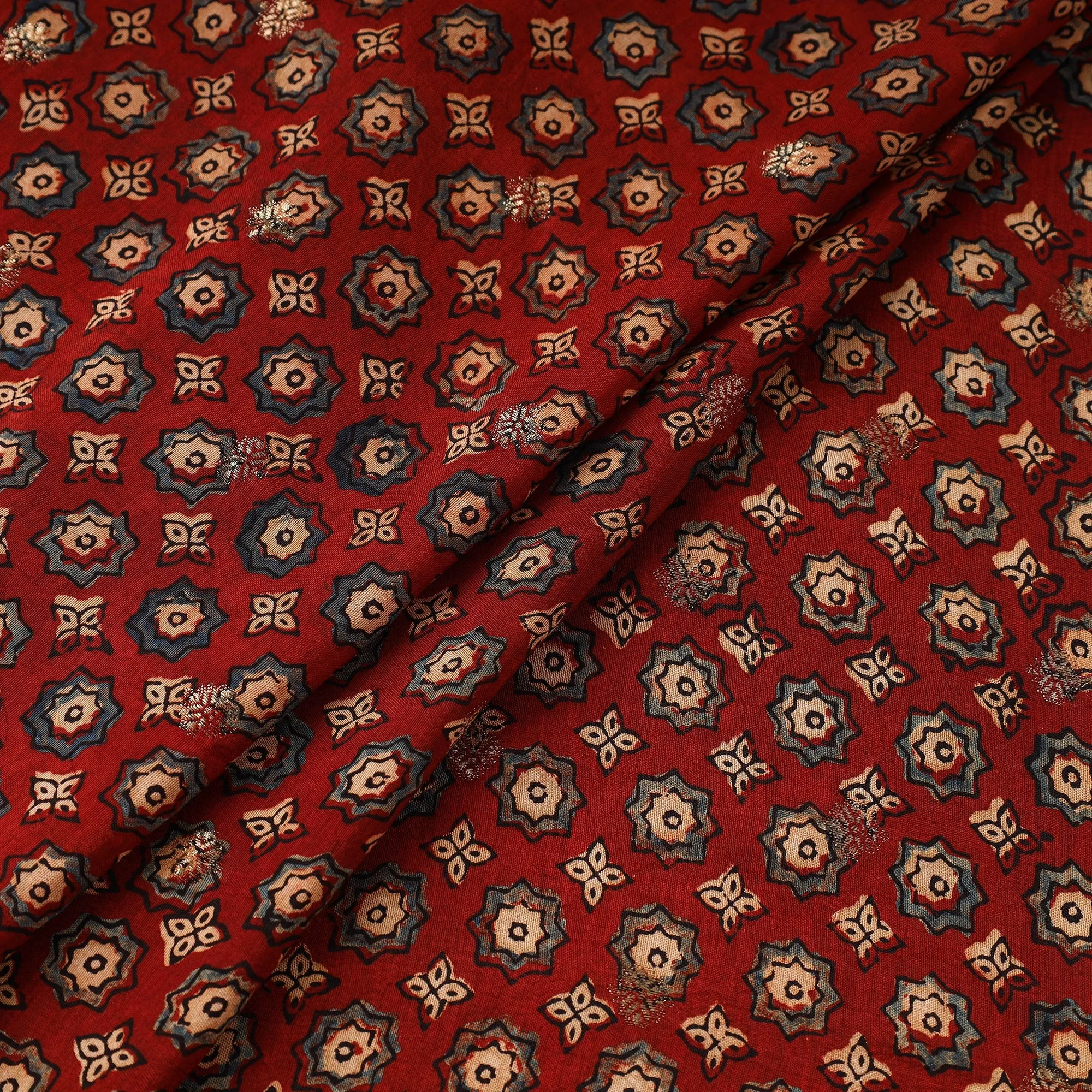 Red - Block Print Natural Dyed Dola Silk Jacquard Buti Ajrakh Fabric 08 sold by Itokri product image thumbnail 2