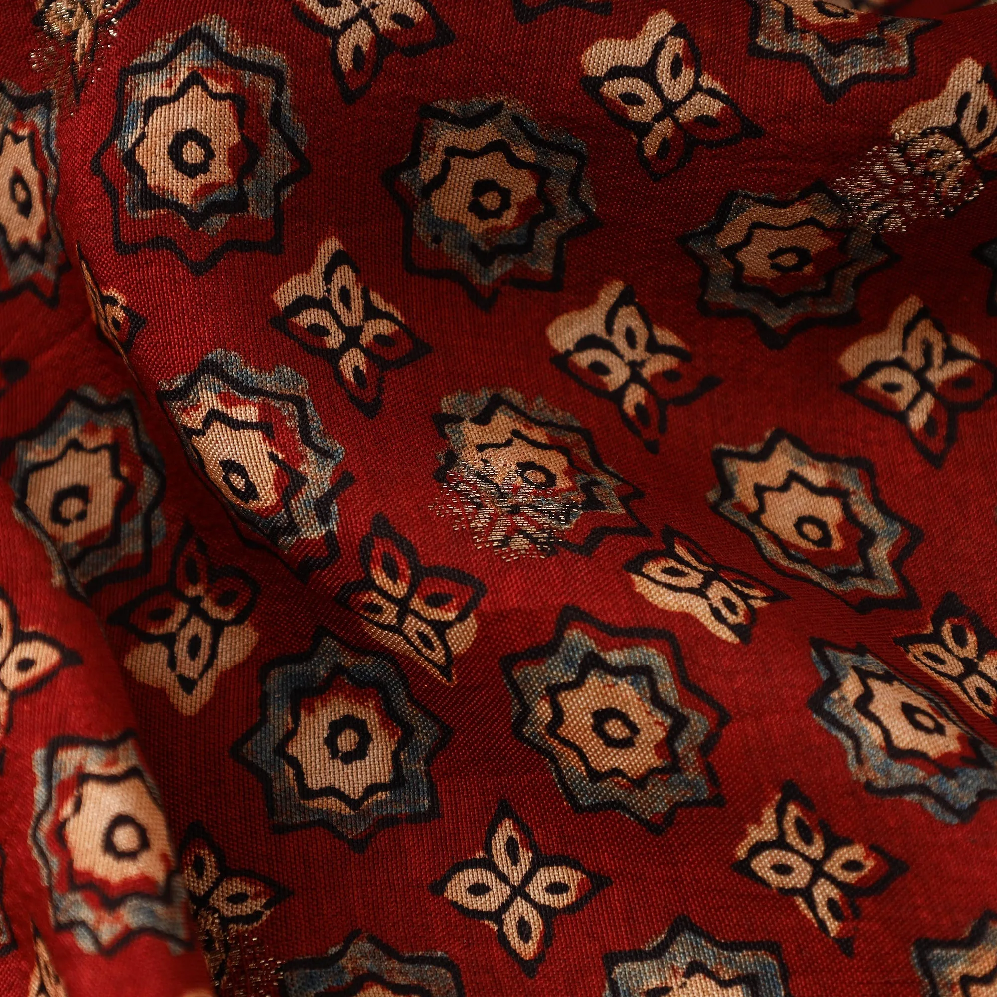 Red - Block Print Natural Dyed Dola Silk Jacquard Buti Ajrakh Fabric 08 sold by Itokri product image thumbnail 4