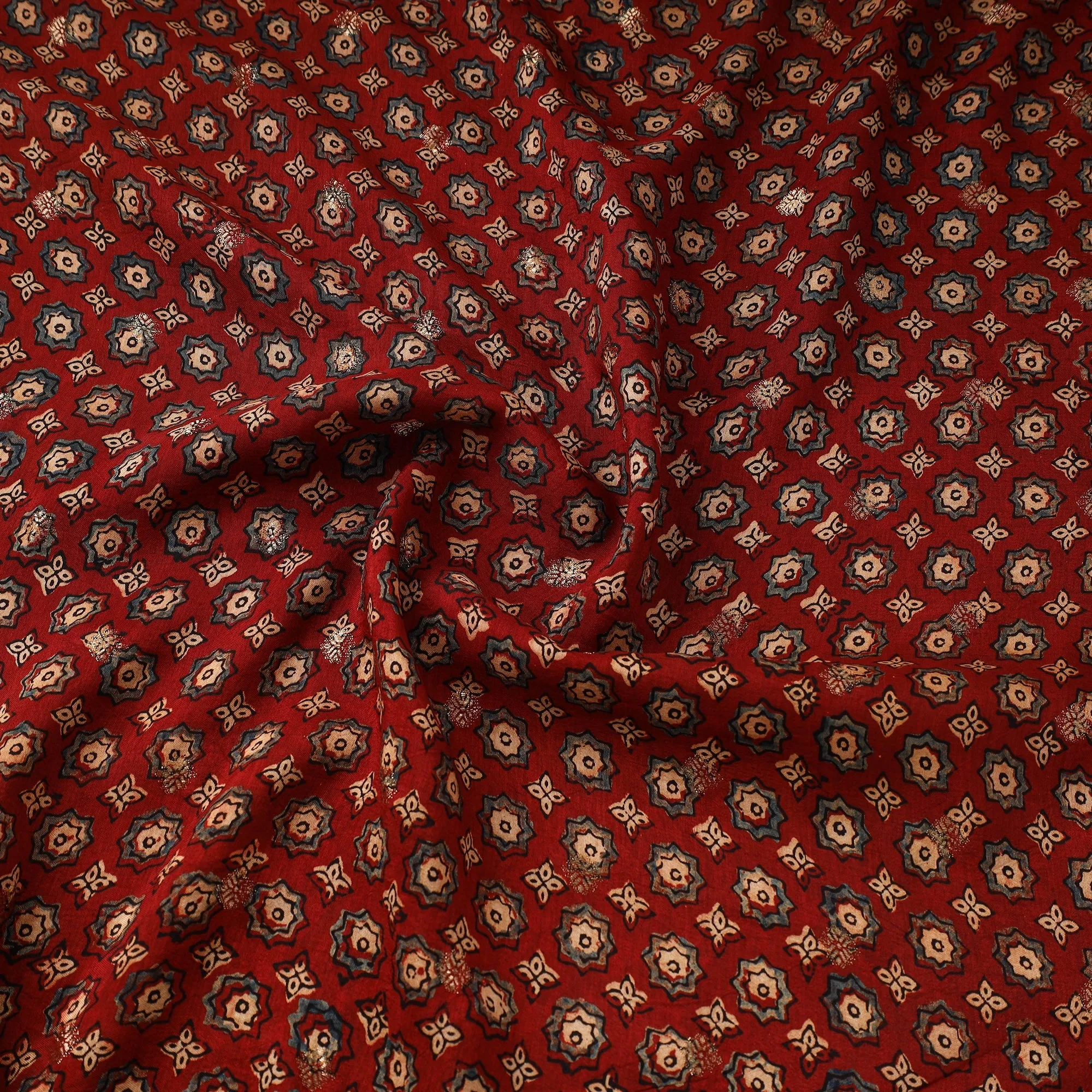 Red - Block Print Natural Dyed Dola Silk Jacquard Buti Ajrakh Fabric 08 sold by Itokri product image thumbnail 3