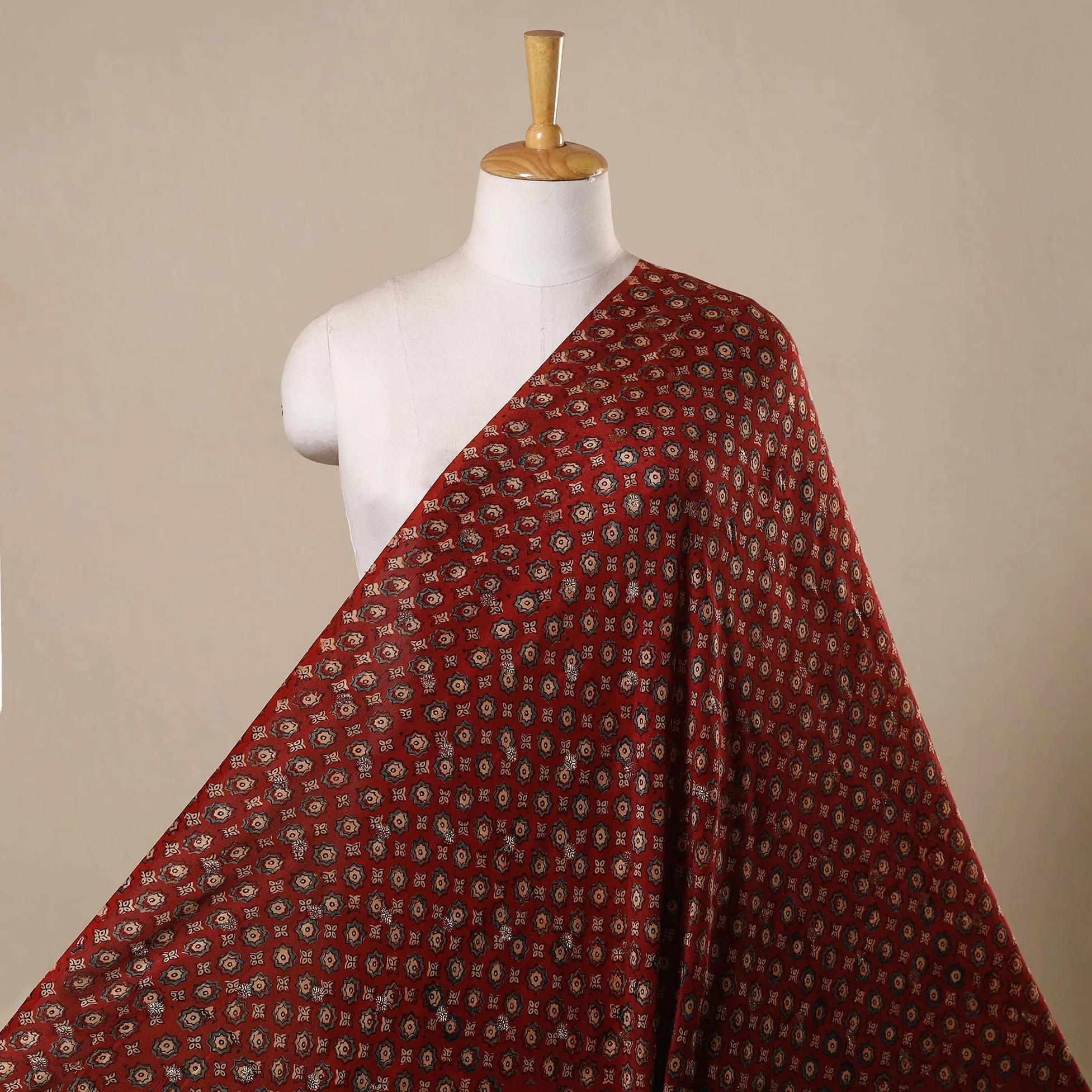 Red - Block Print Natural Dyed Dola Silk Jacquard Buti Ajrakh Fabric 08 sold by Itokri
