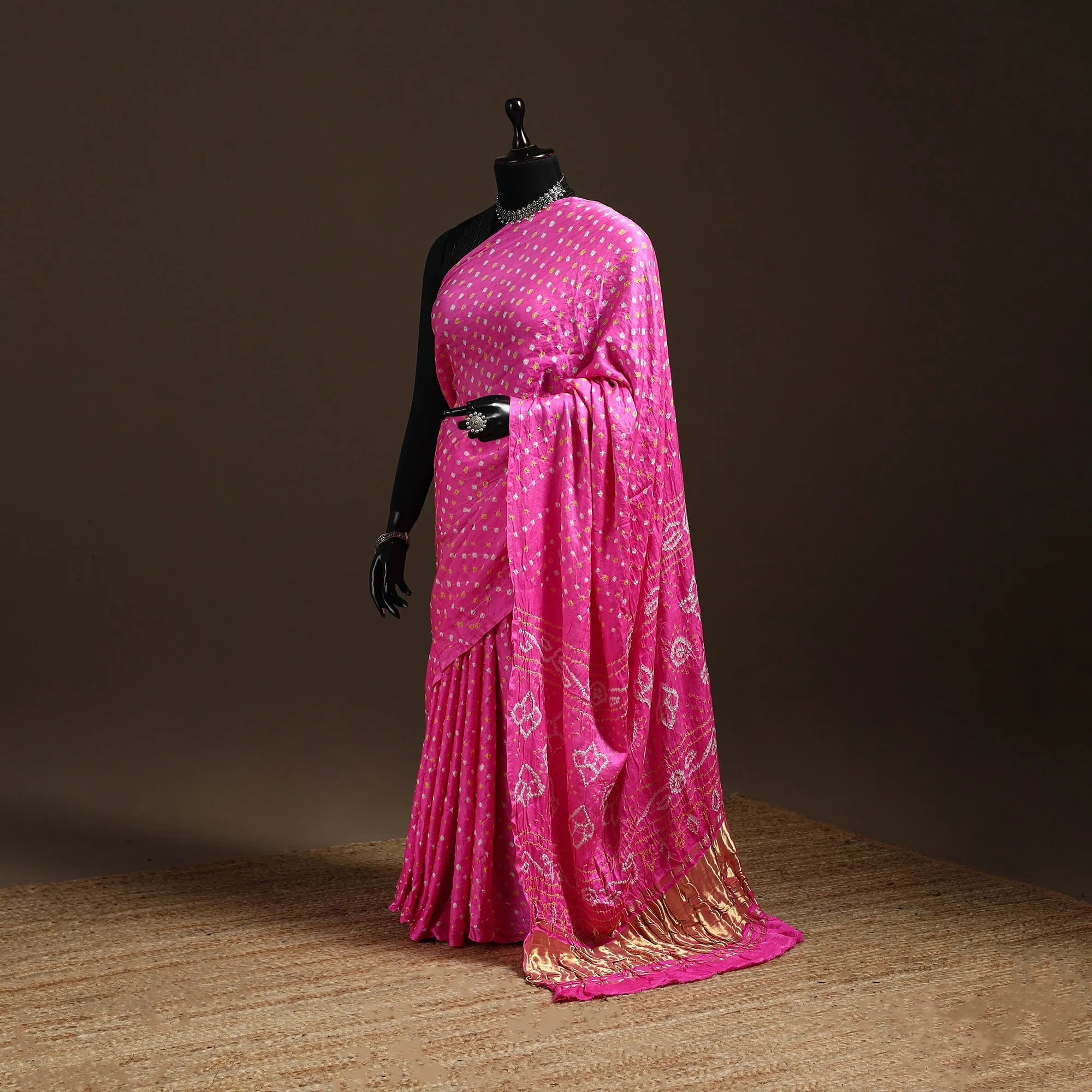 Pink - Kutch Tie-Dye Gajji Silk Bandhani Saree with Blouse Piece 13 sold by Itokri