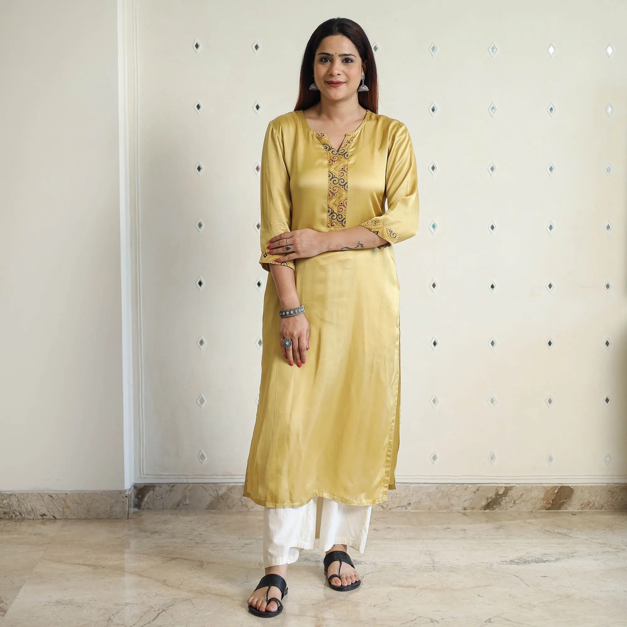 Beige - Modal Silk Plain Long Straight Kurta 34 sold by Itokri product image thumbnail 2