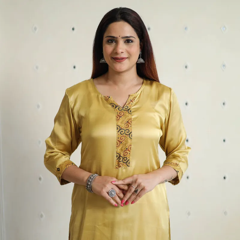 Beige - Modal Silk Plain Long Straight Kurta 34 made by Itokri