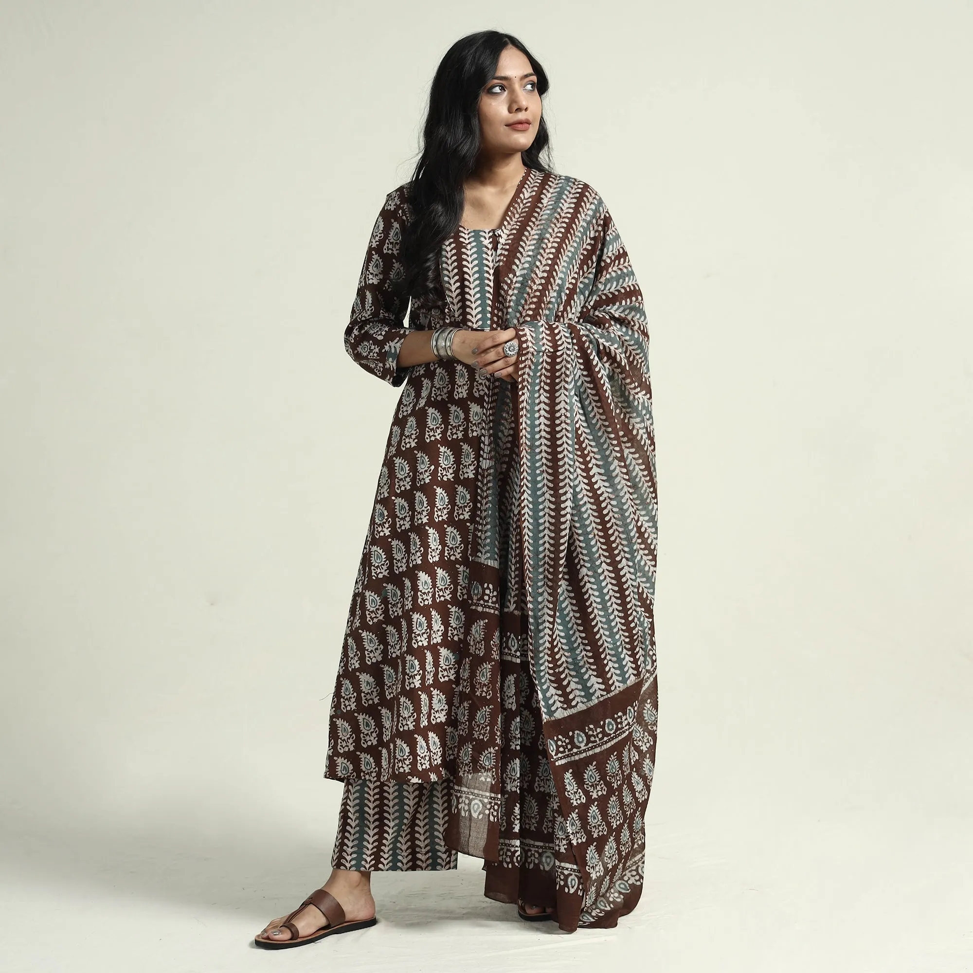 Brown - Cotton Hand Batik Print Kurta Set 06 sold by Itokri