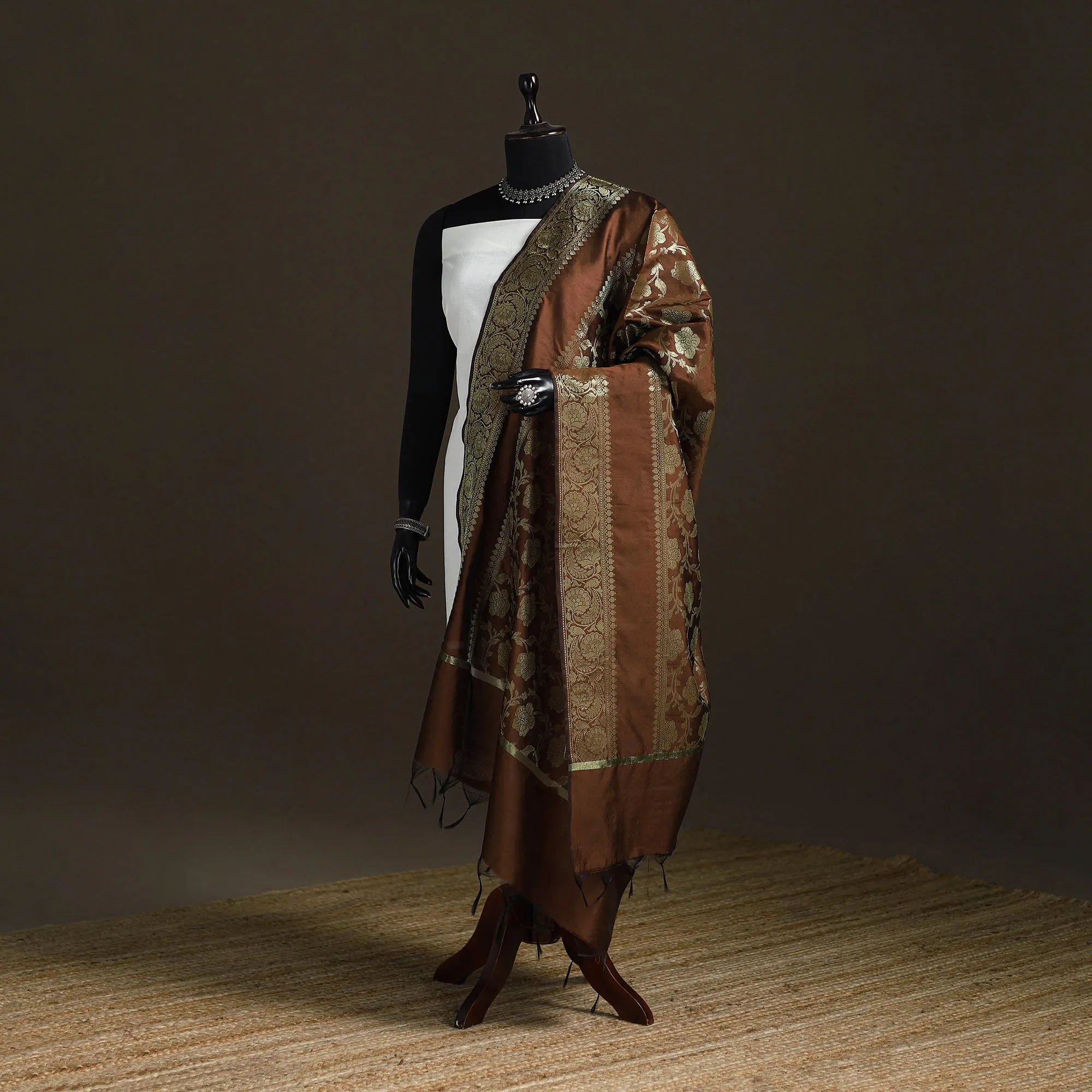 Brown - Zari Work Banarasi Silk Dupatta 16 sold by Itokri