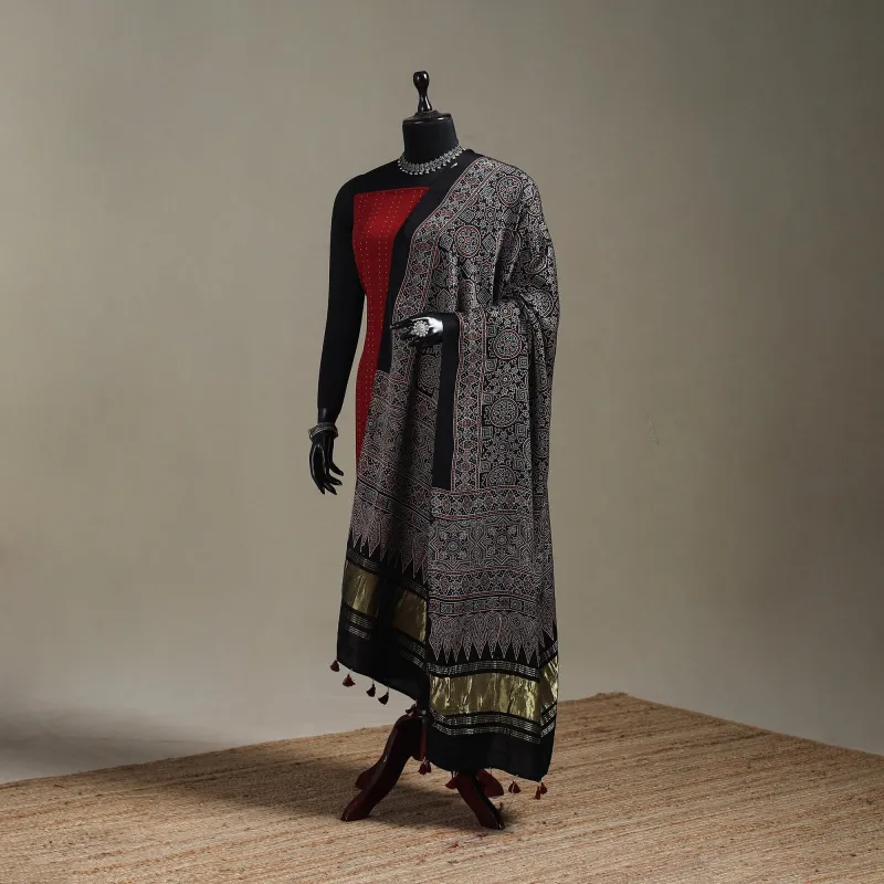 Black - Hand Block Print Natural Dyed Modal Silk Ajrakh Dupatta with Lagdi Patta 38 made by Itokri