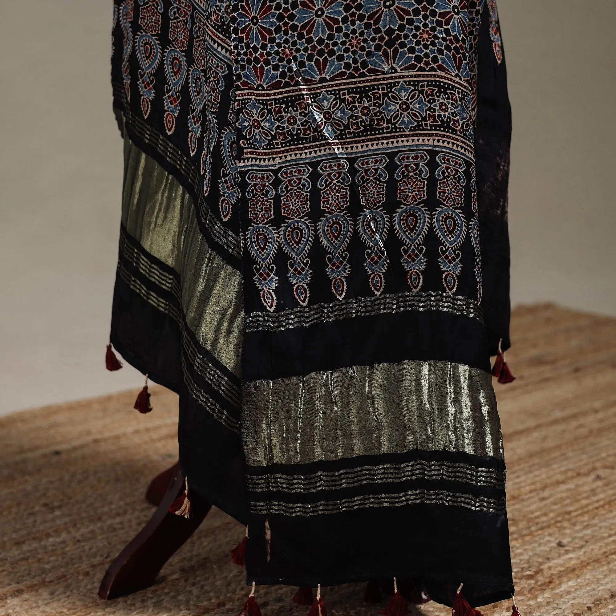Black - Hand Block Print Natural Dyed Modal Silk Ajrakh Dupatta with Lagdi Patta 34 sold by Itokri product image thumbnail 4