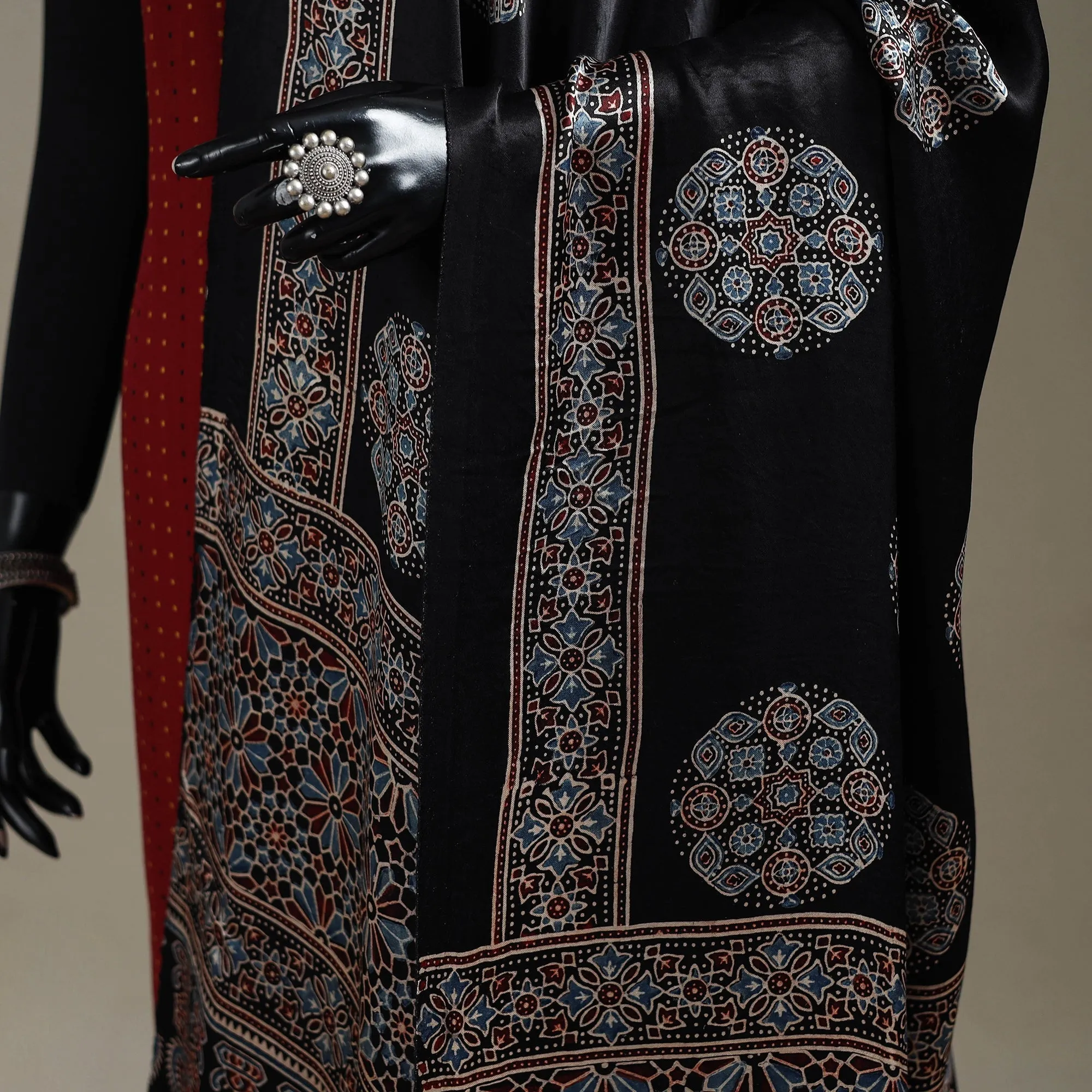 Black - Hand Block Print Natural Dyed Modal Silk Ajrakh Dupatta with Lagdi Patta 34 sold by Itokri product image thumbnail 3