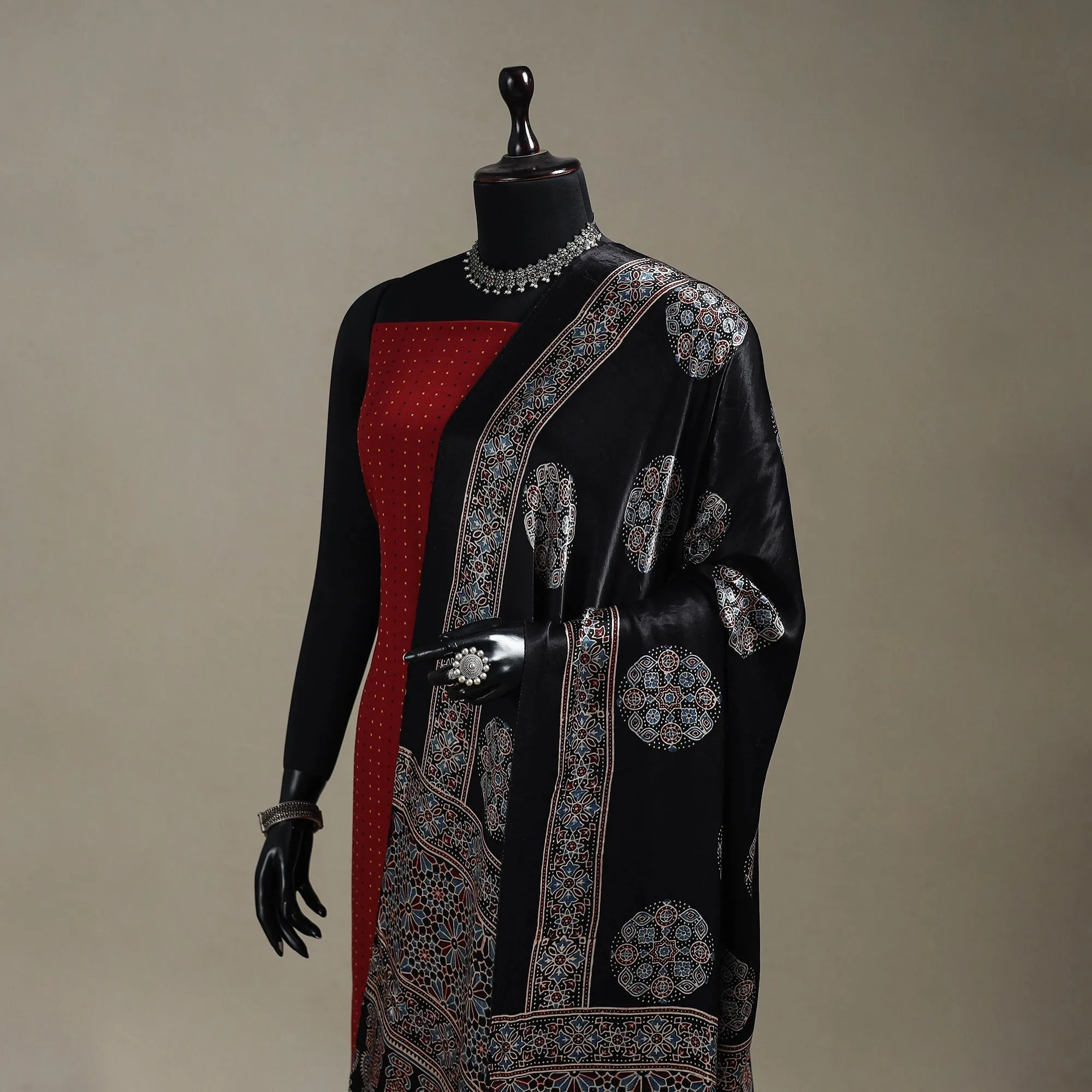 Black - Hand Block Print Natural Dyed Modal Silk Ajrakh Dupatta with Lagdi Patta 34 sold by Itokri product image thumbnail 2