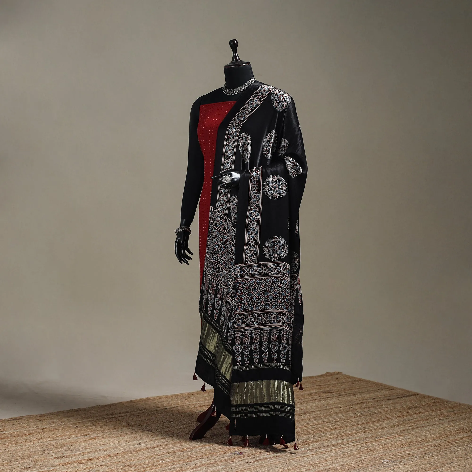 Black - Hand Block Print Natural Dyed Modal Silk Ajrakh Dupatta with Lagdi Patta 34 sold by Itokri