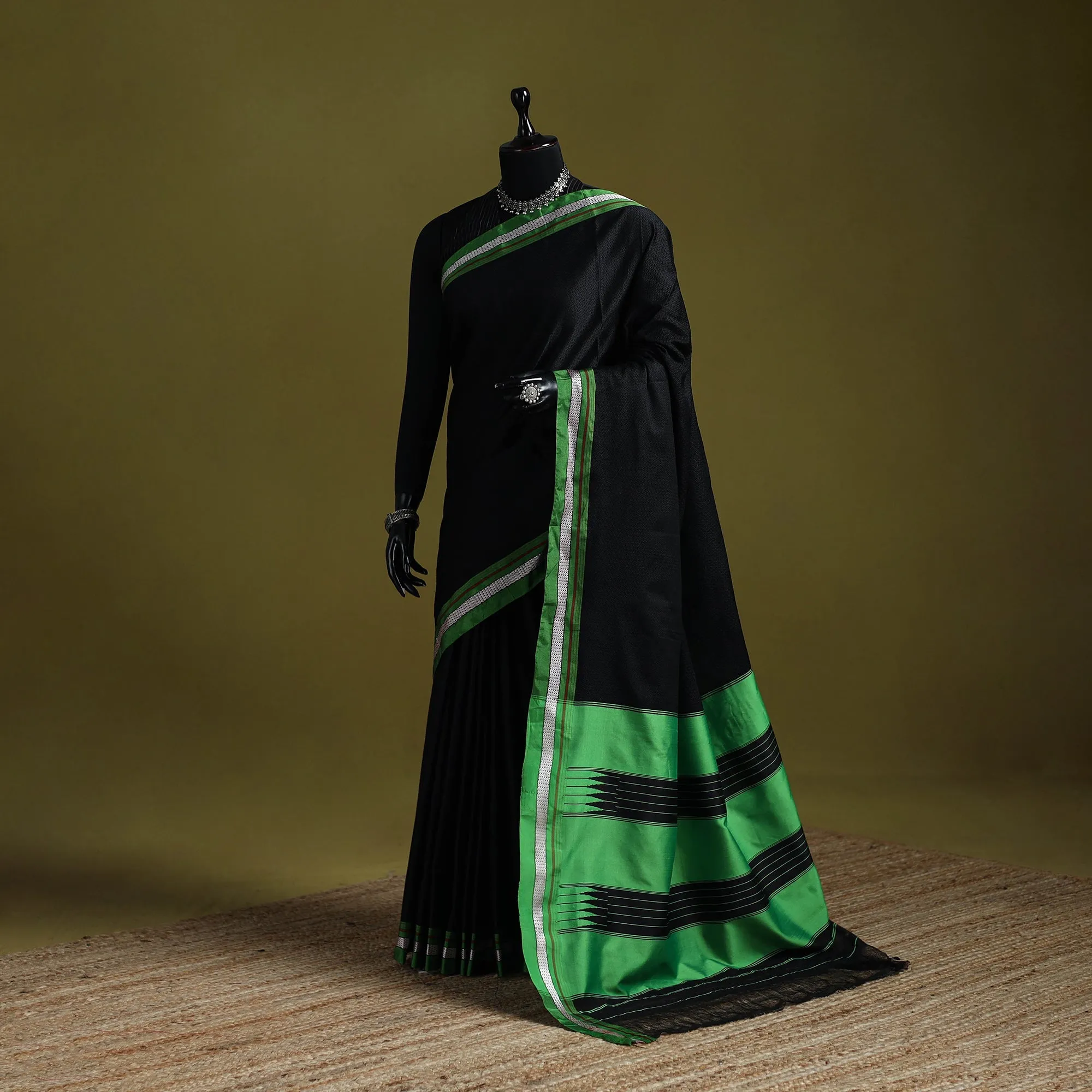 Black - Silk Cotton Khun Saree with Ilkal Pallu Chikki Paras Border 42 sold by Itokri