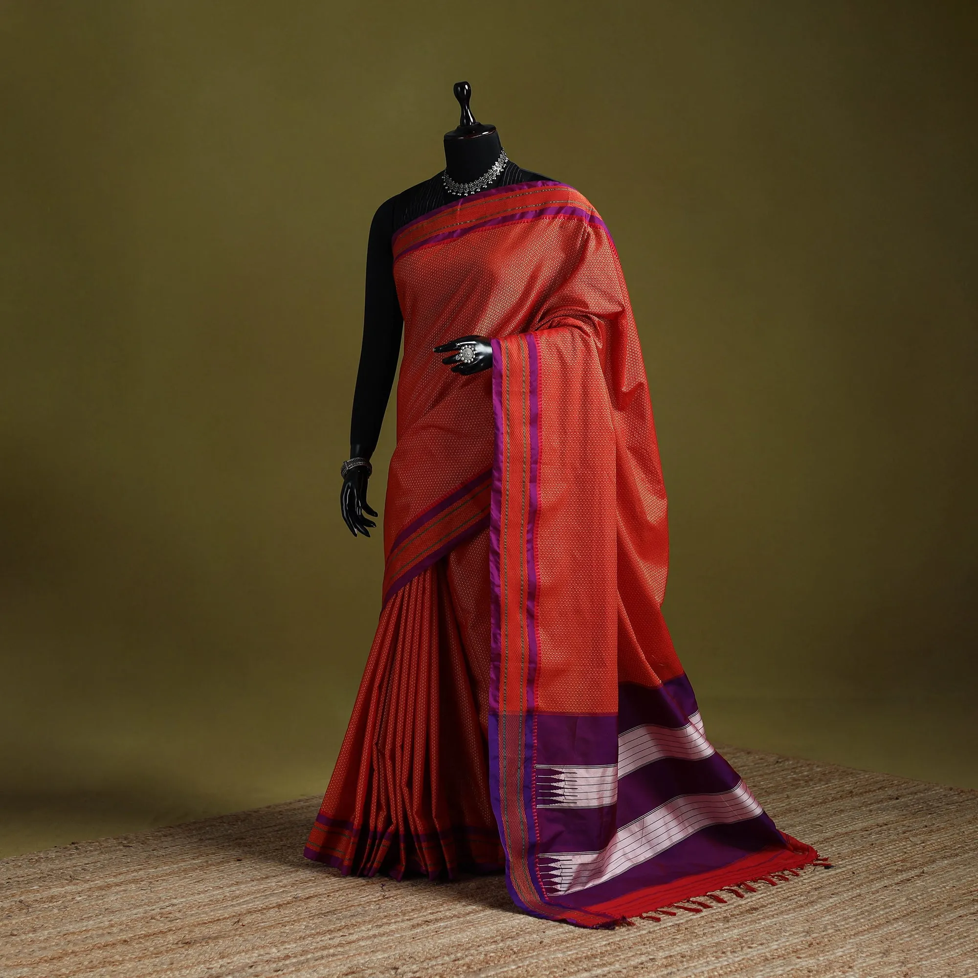 Red - Silk Cotton Khun Saree with Ilkal Pallu Chikki Paras Border 40 sold by Itokri